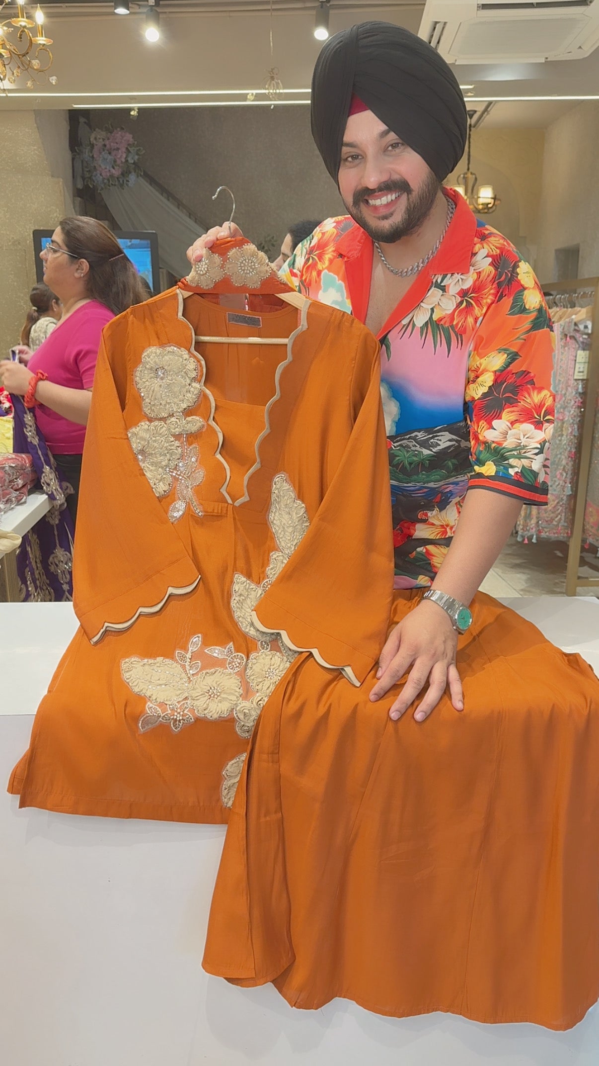 Rusty Orange Mal Chanderi Floral Hand patch Work Indowestern Sharara Suit with Dark Rust Necklace Duppata