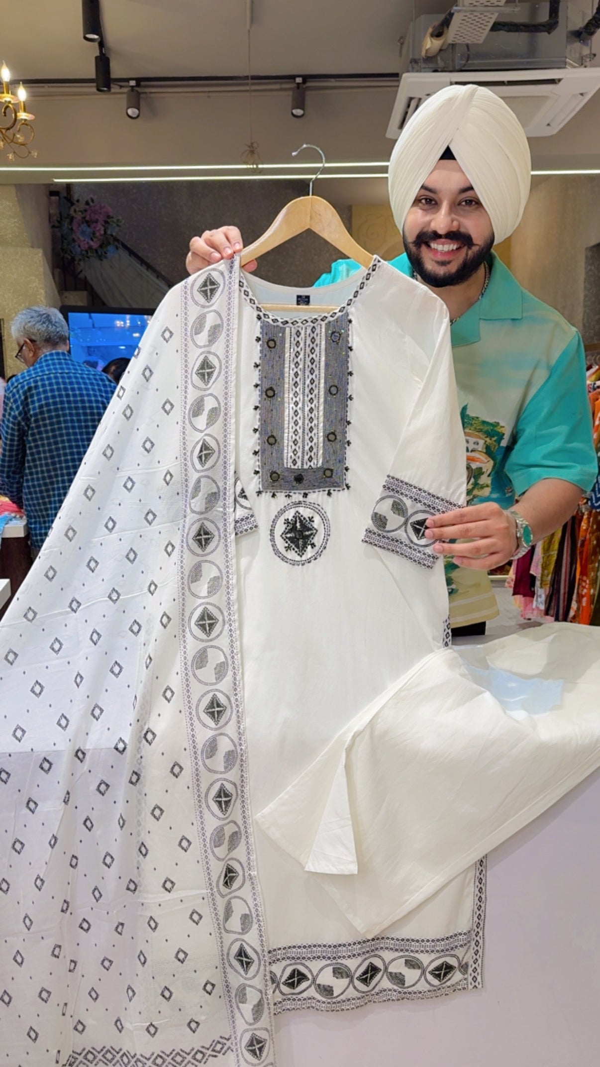 Moon White & Black Pure Cotton Office Wear Suit with Beautiful Embroidery work on Neck