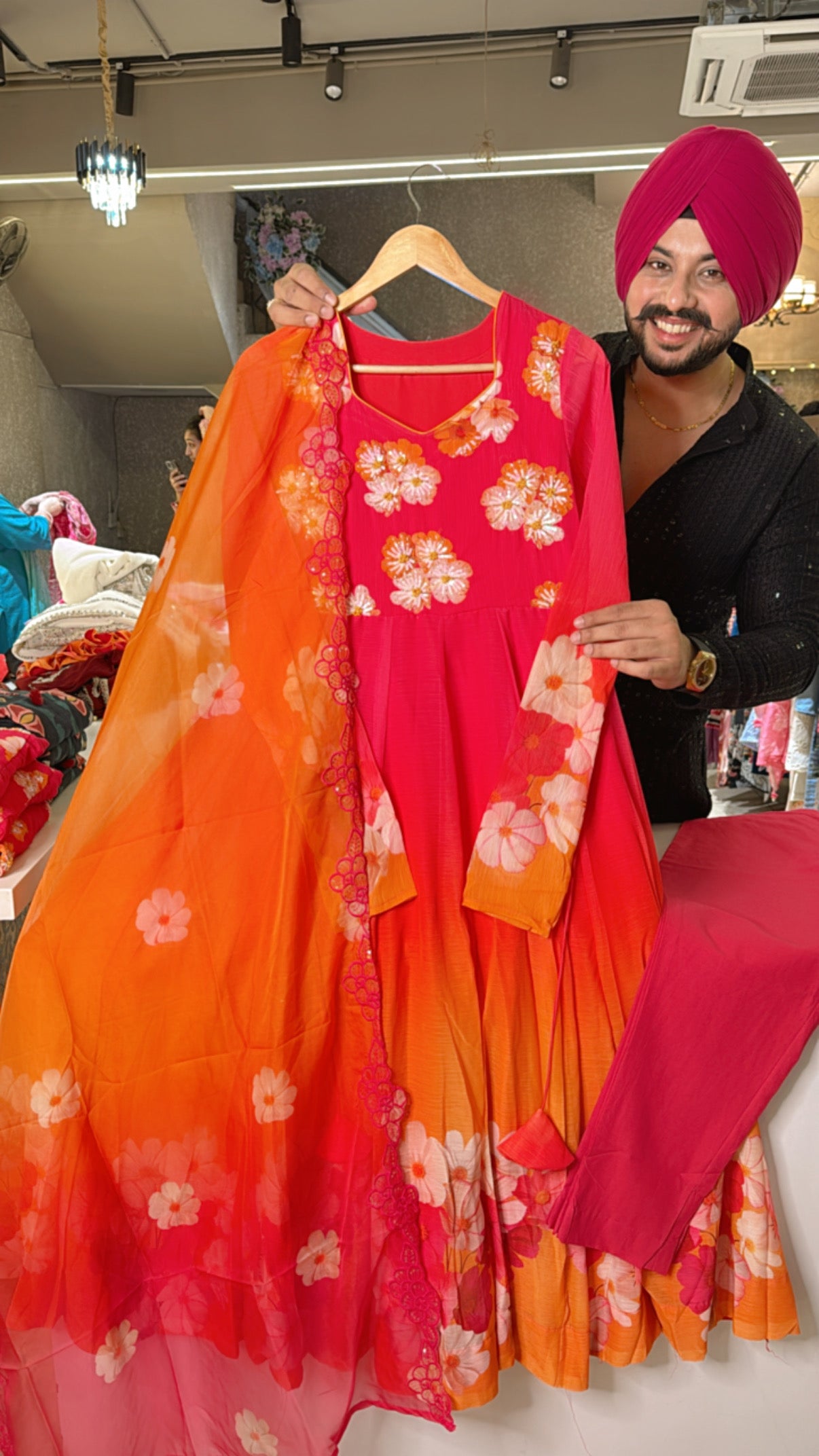 Hot pink & Orange Soft Chiffon Floral Print Full Flair Anarkali Suit with Hand embroidery Work on neck & Embroidered Organza Duppata