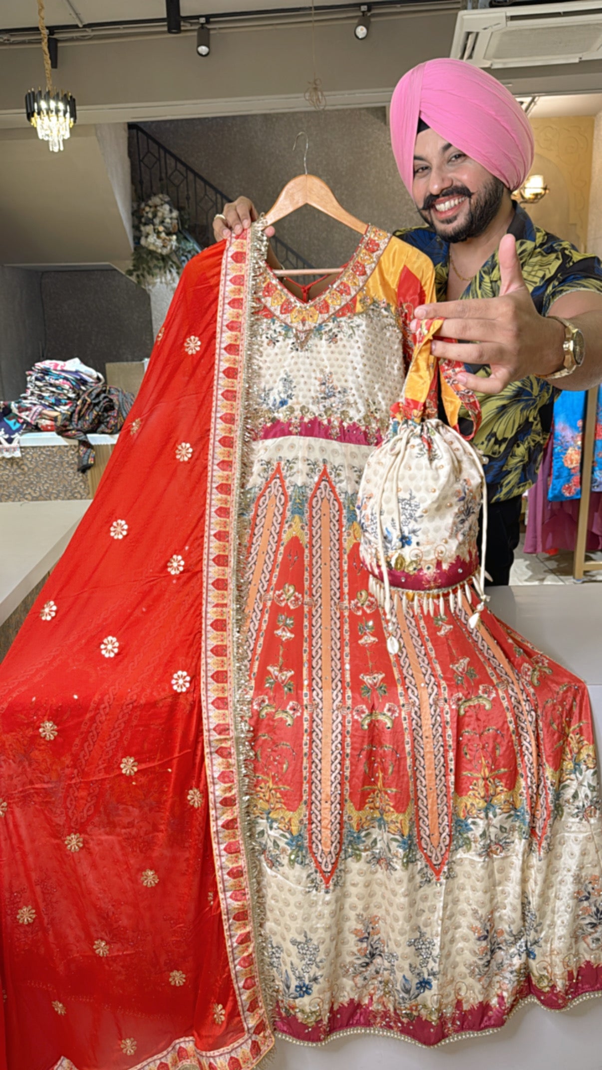 Cream & MultiColored Premium Crepe Heavy Embroidery & Mirror pasting Anarkali Gown with Cute Potli & Chinon Heavy Duppata
