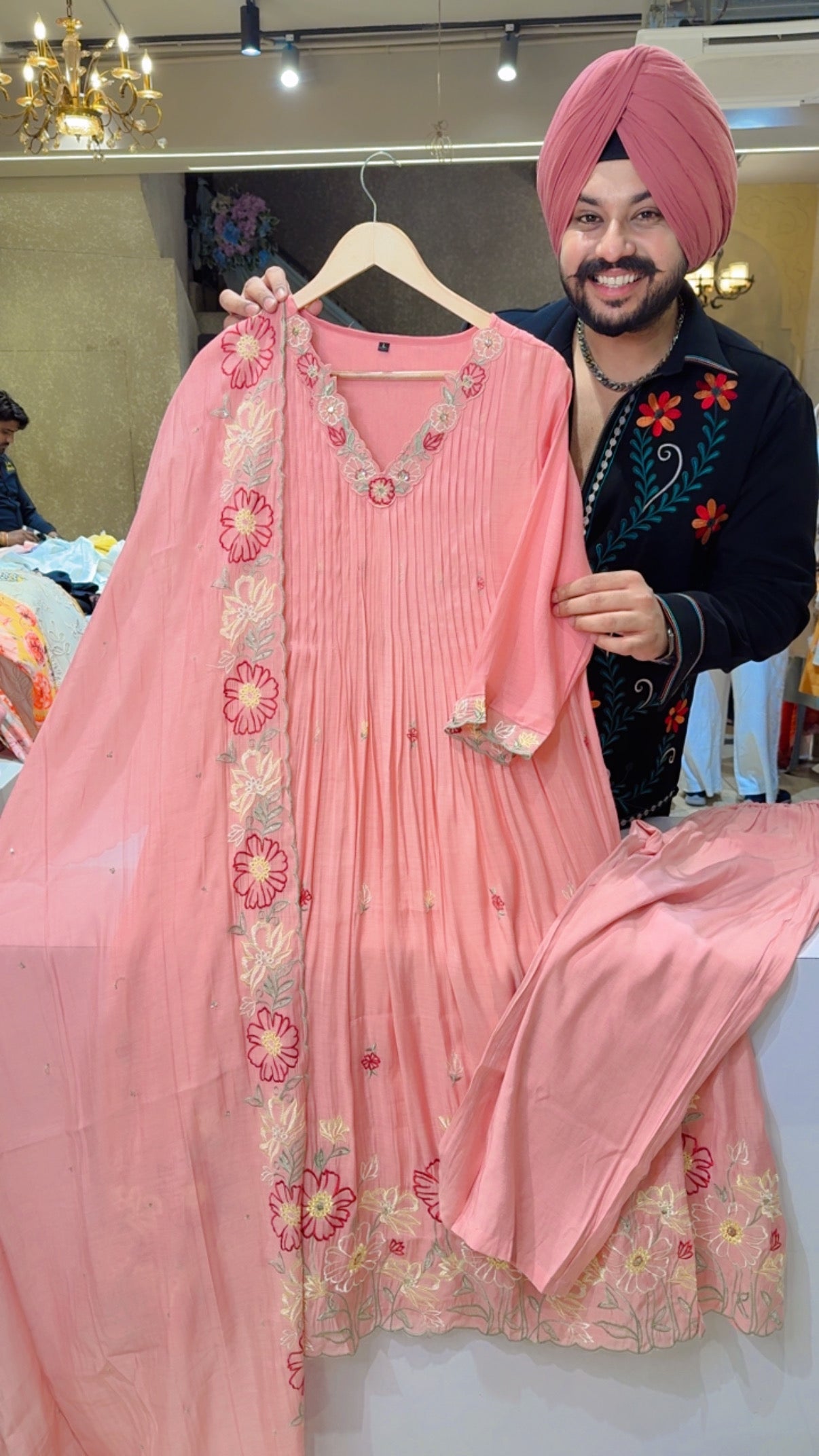Peachish Pink Soft Mal Chanderi Beautiful Embroidered A-line Anarkali Suit
