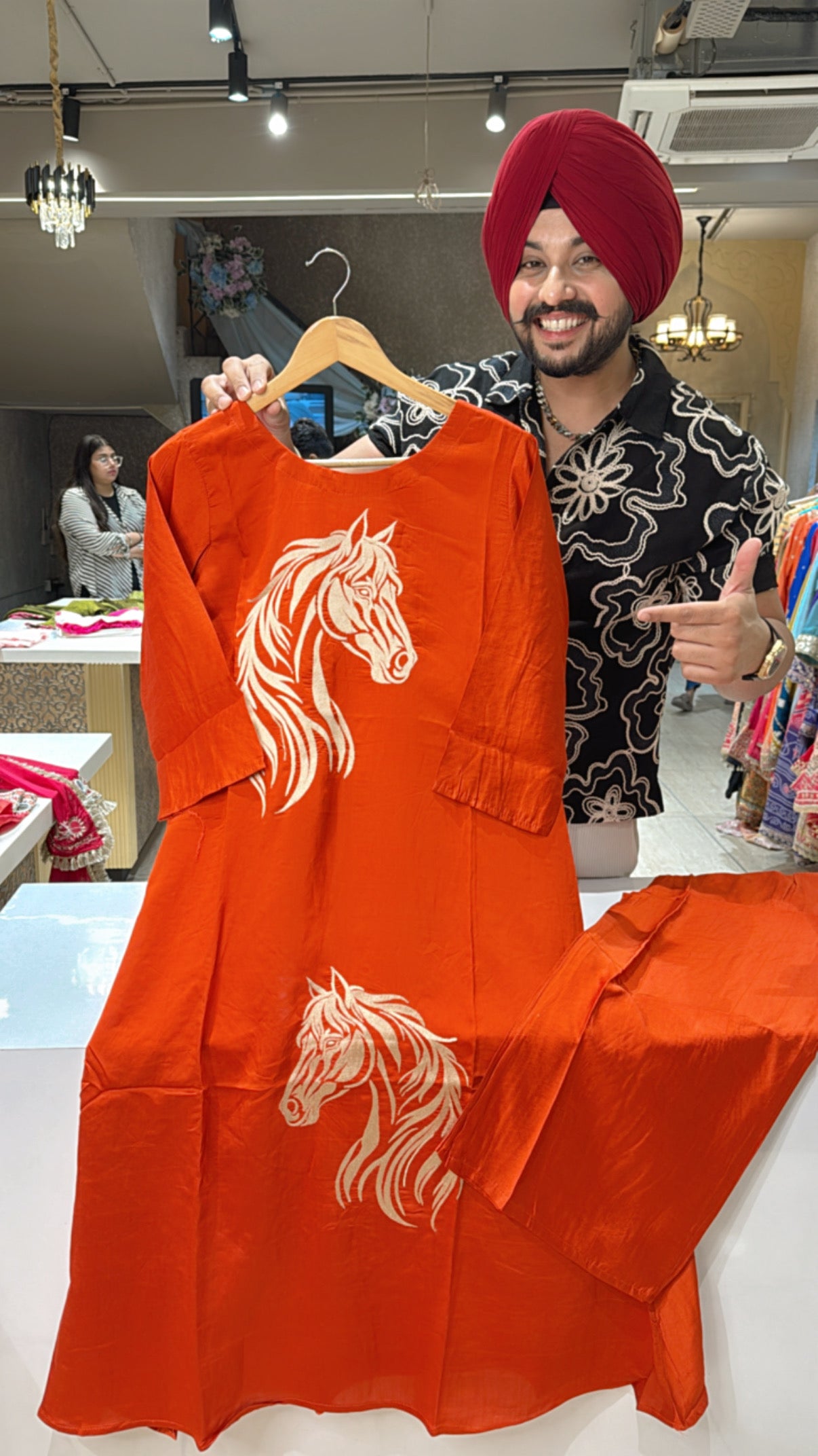 Rusty Orange Soft silk Horse Embroidered Long Length Aline Coord set