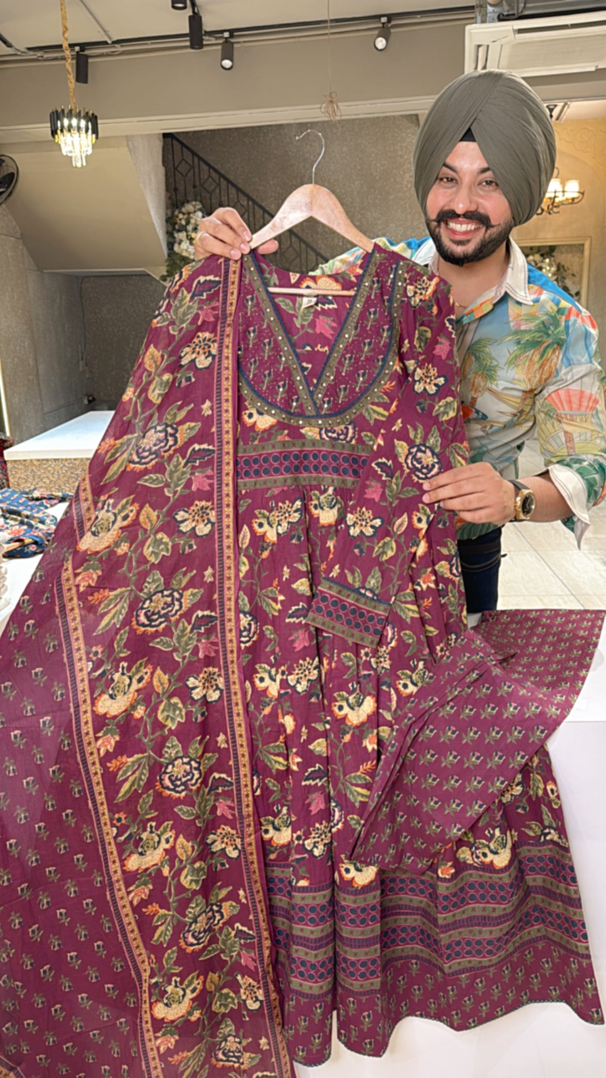 Wine pure Cotton Floral print Full Flair Anarkali Suit with Beautiful Duppata