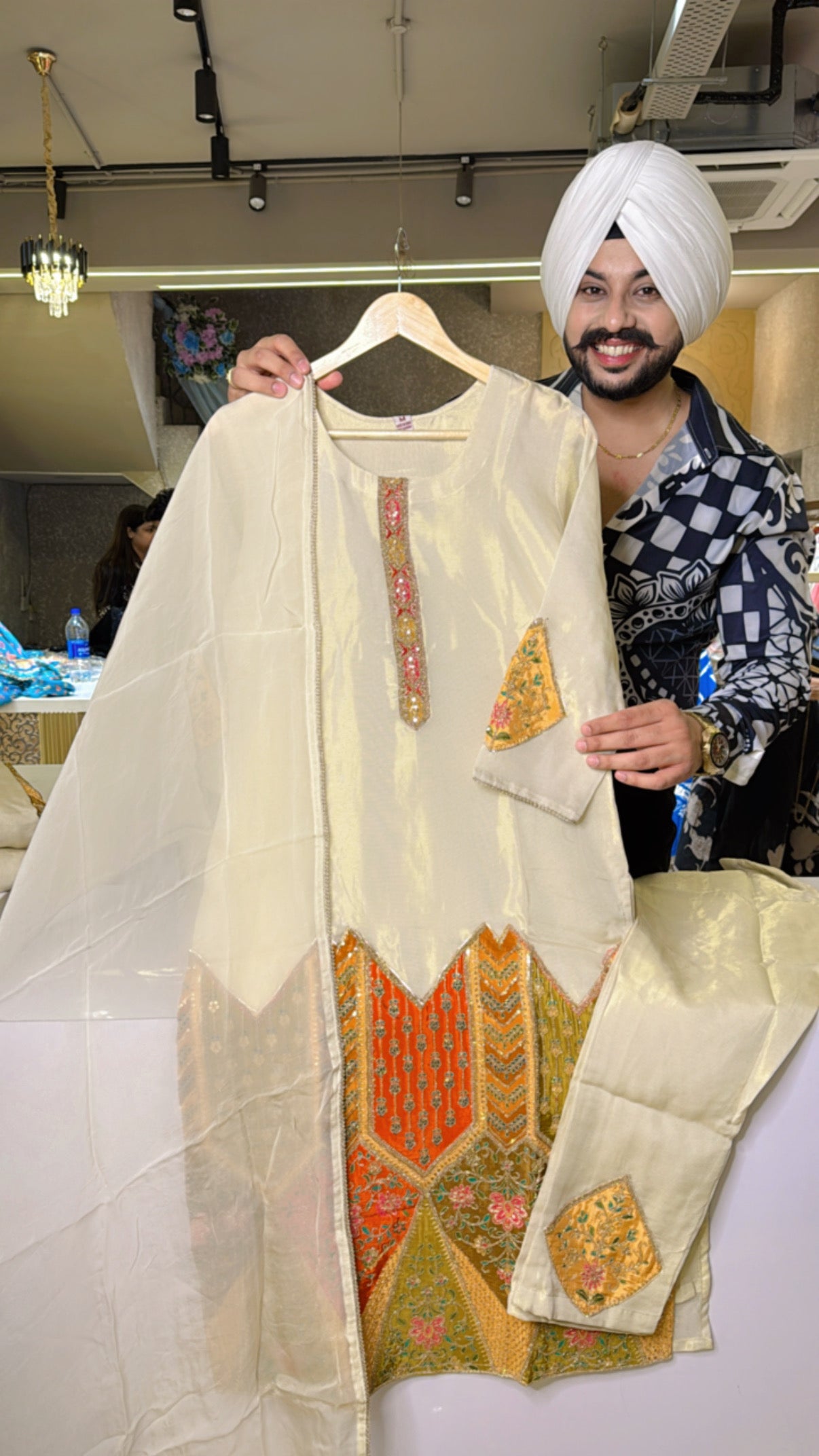 Ivory Gold premium Shimmer Silk Heavy Embroidered Straight Suit with Organza Duppata