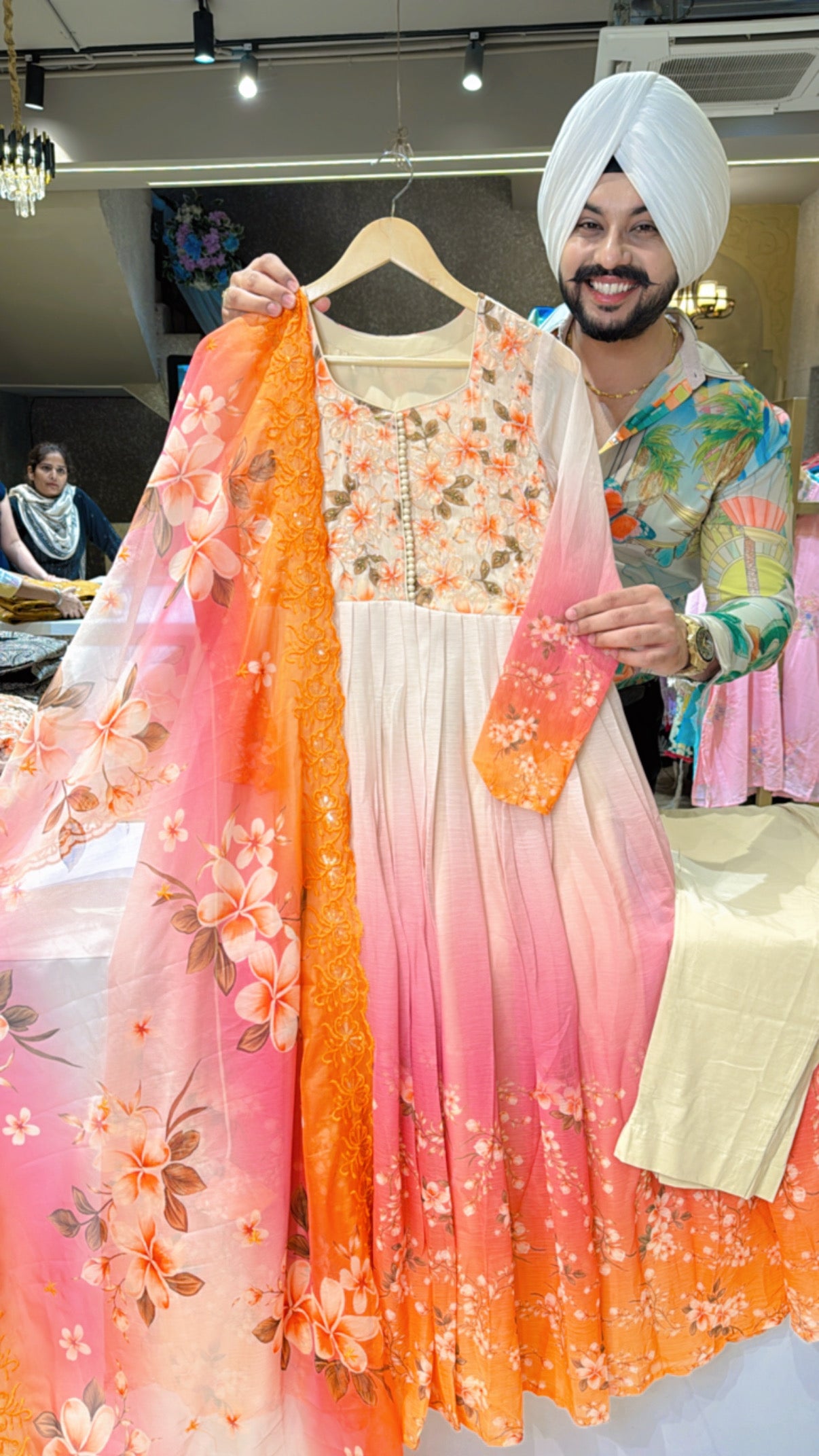 Beige & multicolored Ombre & floral Print Hand embroidered Anarkali suit with Organza Duppata
