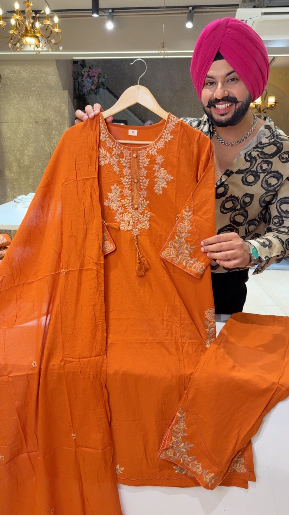 Rusty Orange Soft Cotton Embroidered Semiformal Suit with Side Slit Sleeves & Pants