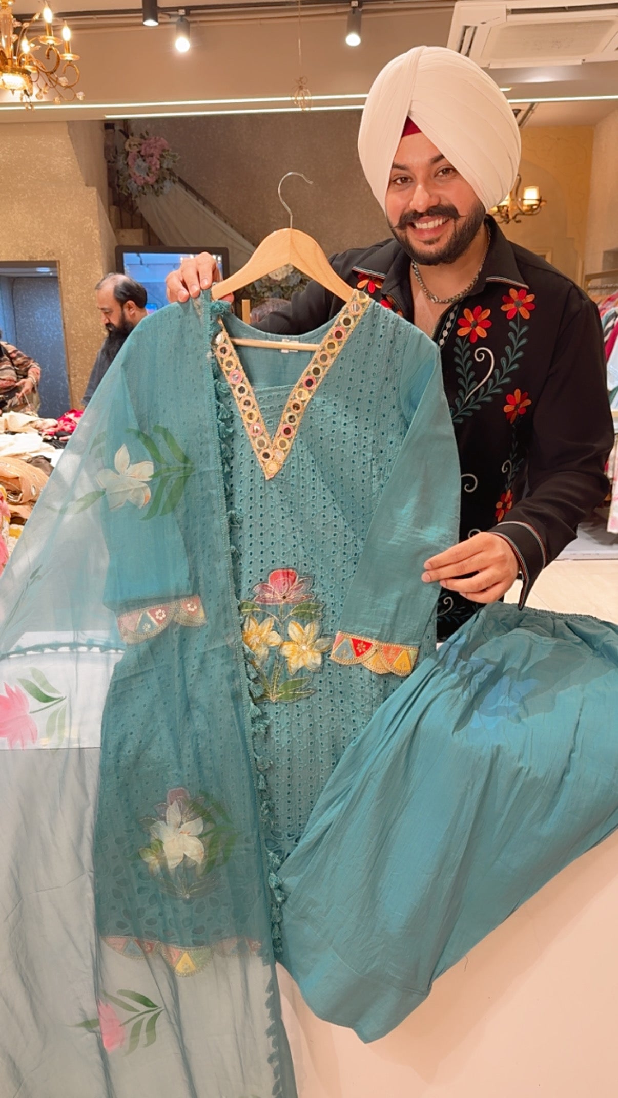 Sea Blue Pure Cotton Heavy Cutwork & Floral Embroidered Indowestern Farshi Salwar Suit with Hand painted organza Duppata