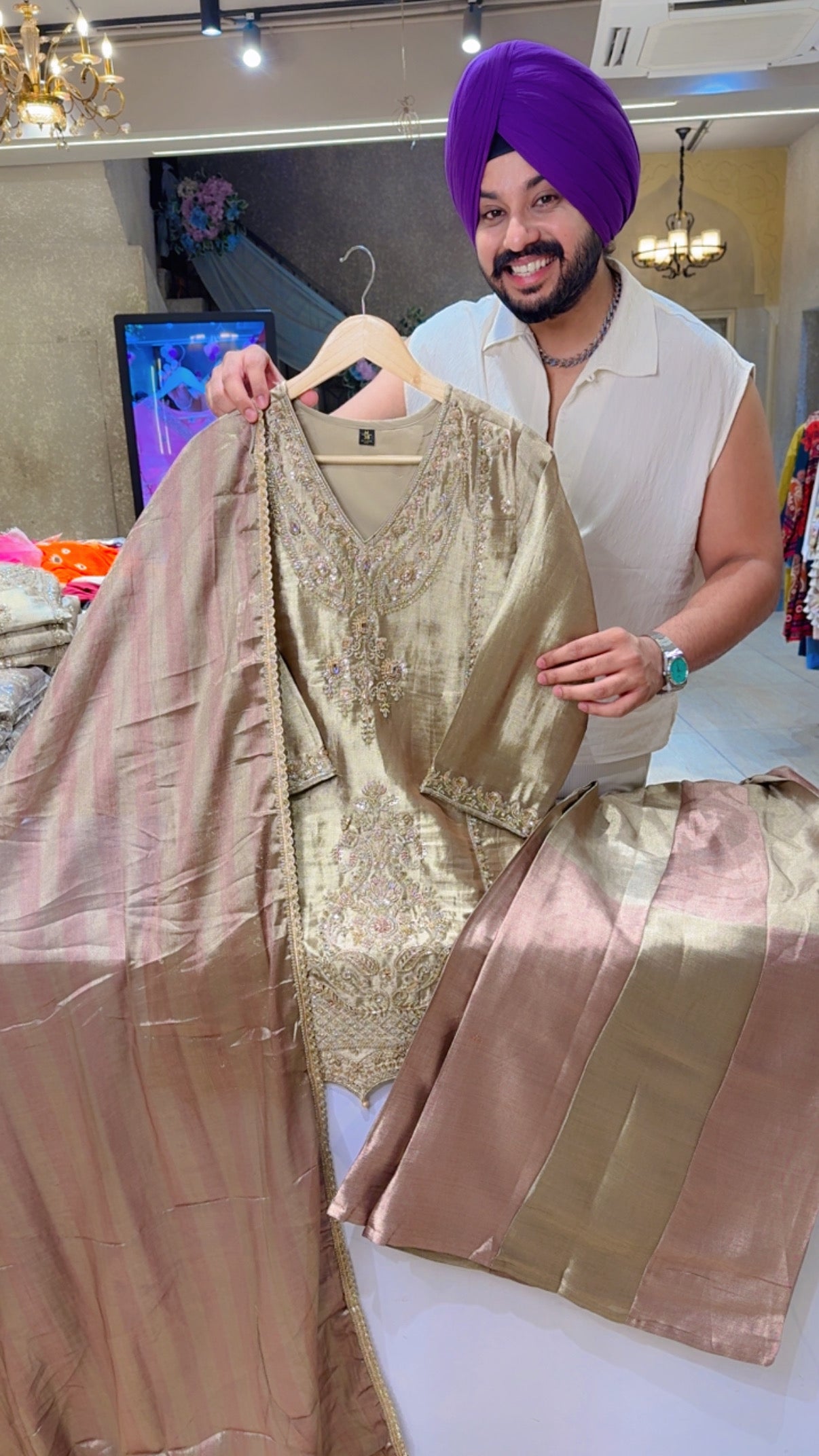 Metallic & Rose Gold Shimmer Silk Premium Stone Hand embroidered Royal Partywear Sharara suit