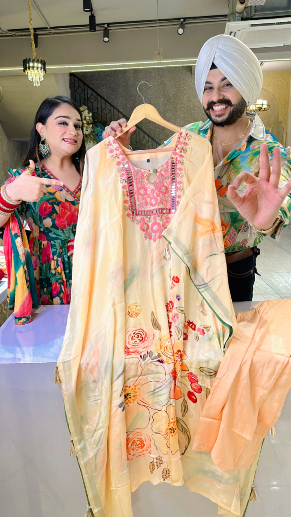 Light peach Crepe Kaftan Coord set with Beautiful Mirror & gotta Patti Hand work on neck