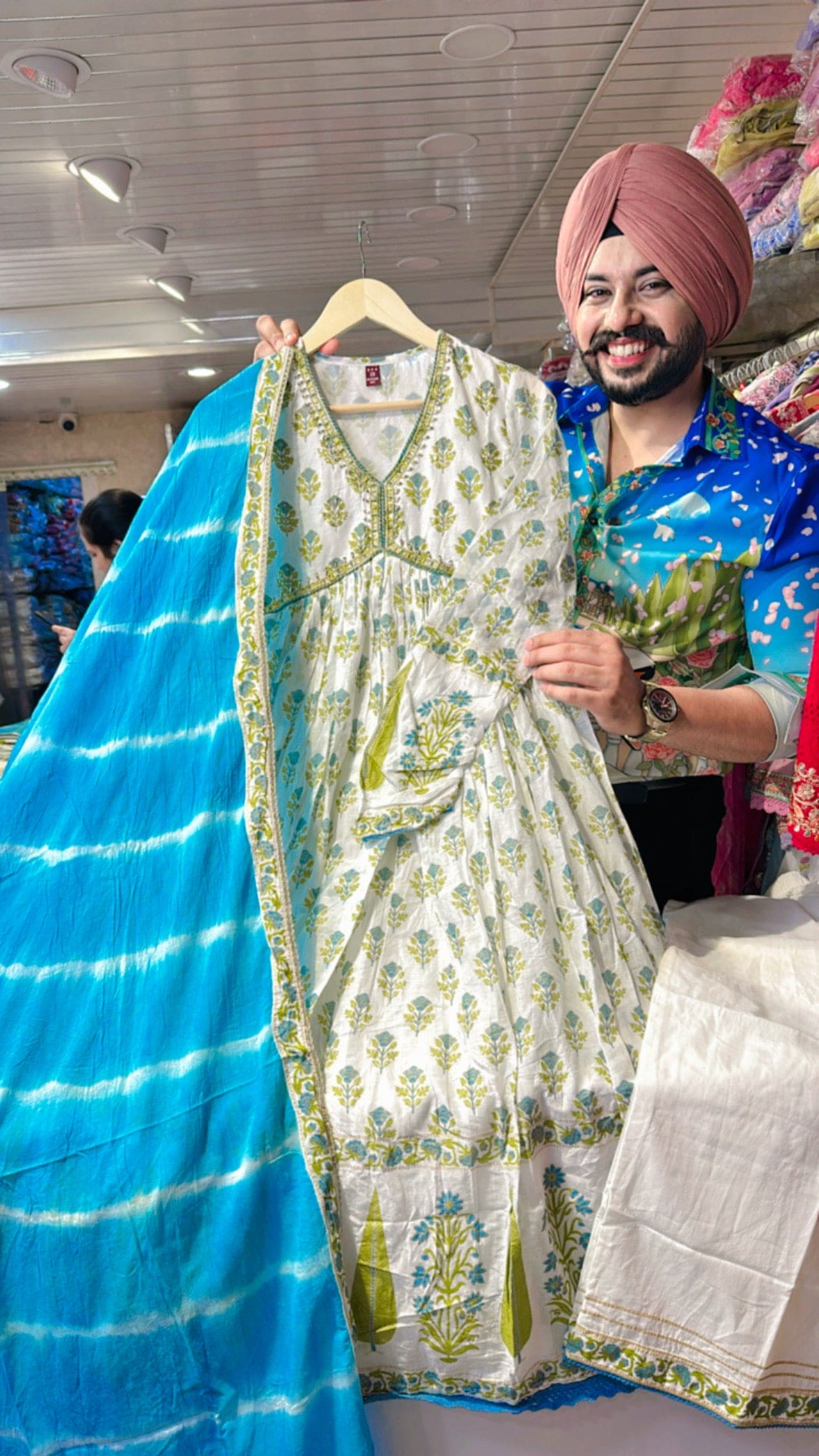 Moonwhite & Blue Pure Mal Cotton Alia Anarkali suit with Beautiful Tie&Dye Duppata