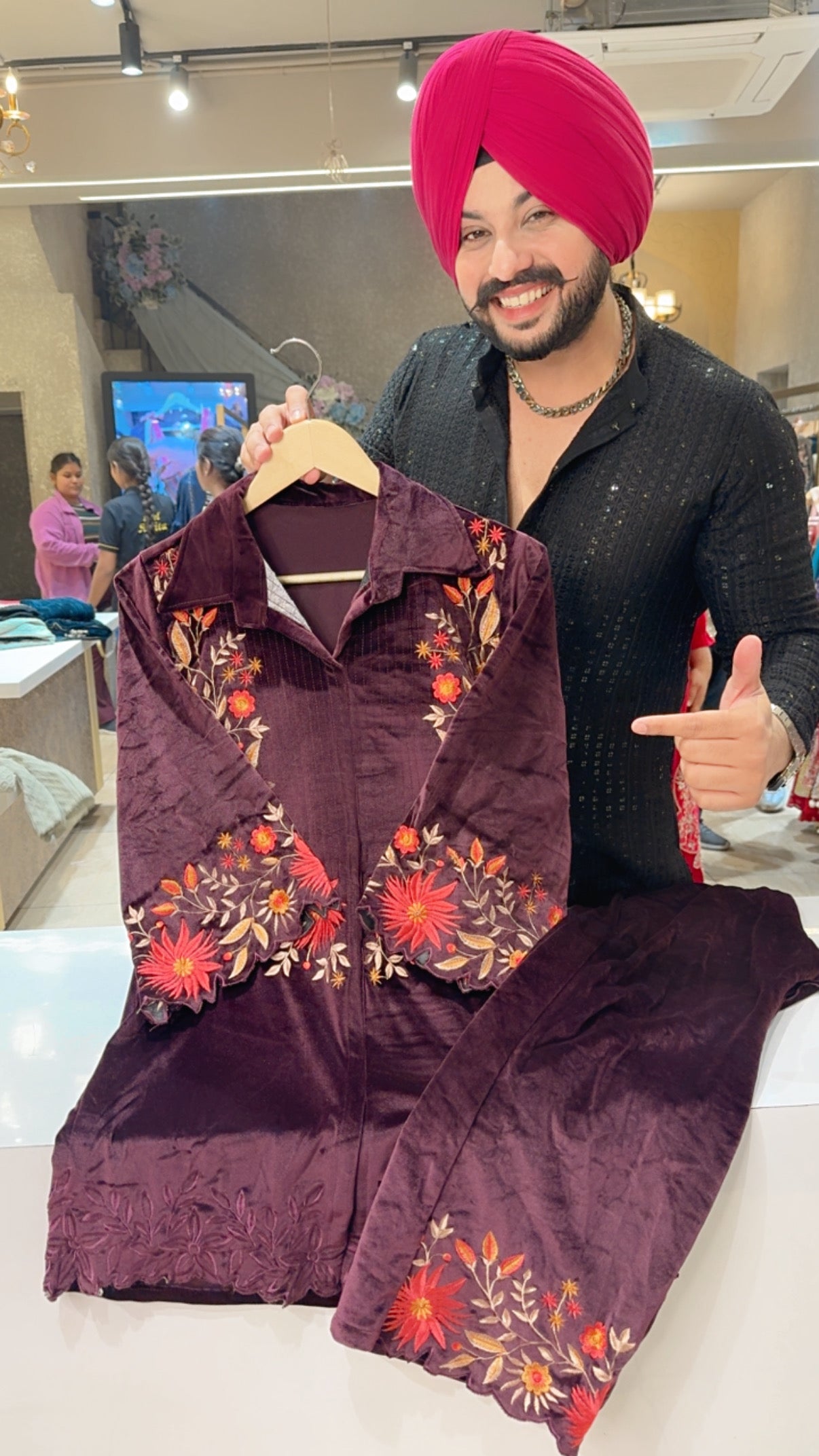 Wine Premium Strechable Velvet Heavy Embroidered Party Wear Coord set