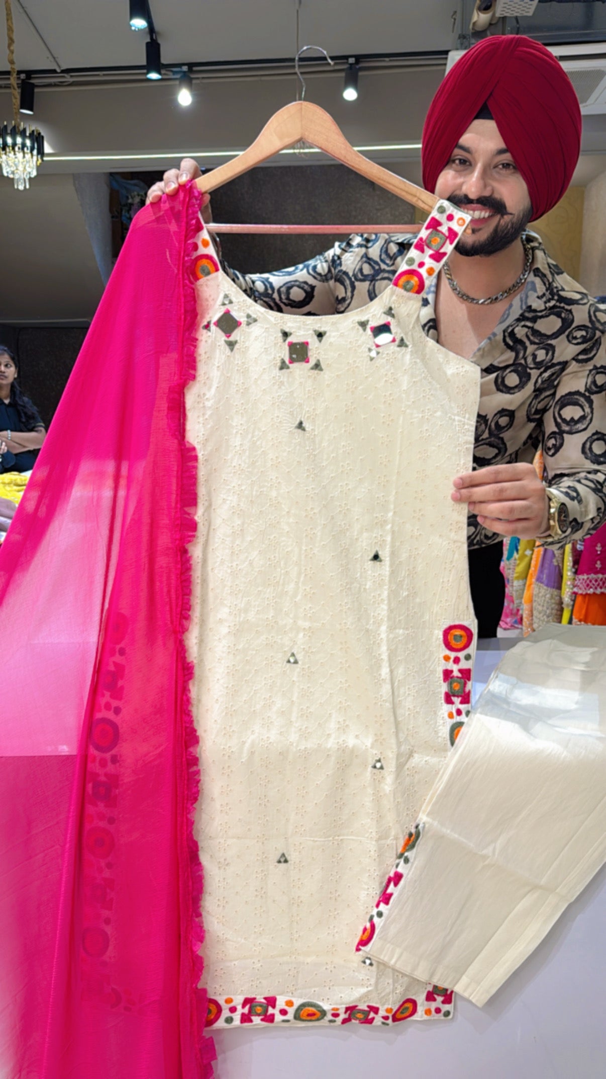 Off White Strap Sleeves Cotton Shifli & Embroidered Girlish Straight Suit with Beautiful Chiffon Duppata