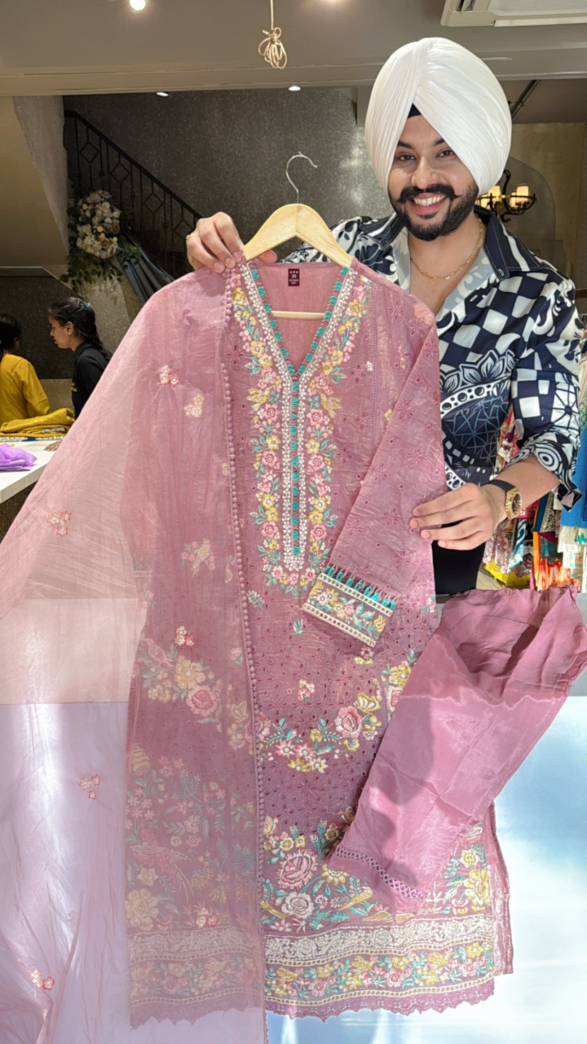 Onion pink Premium Crush Organza Heavy Embroidered & Cut work Pakistani Suit