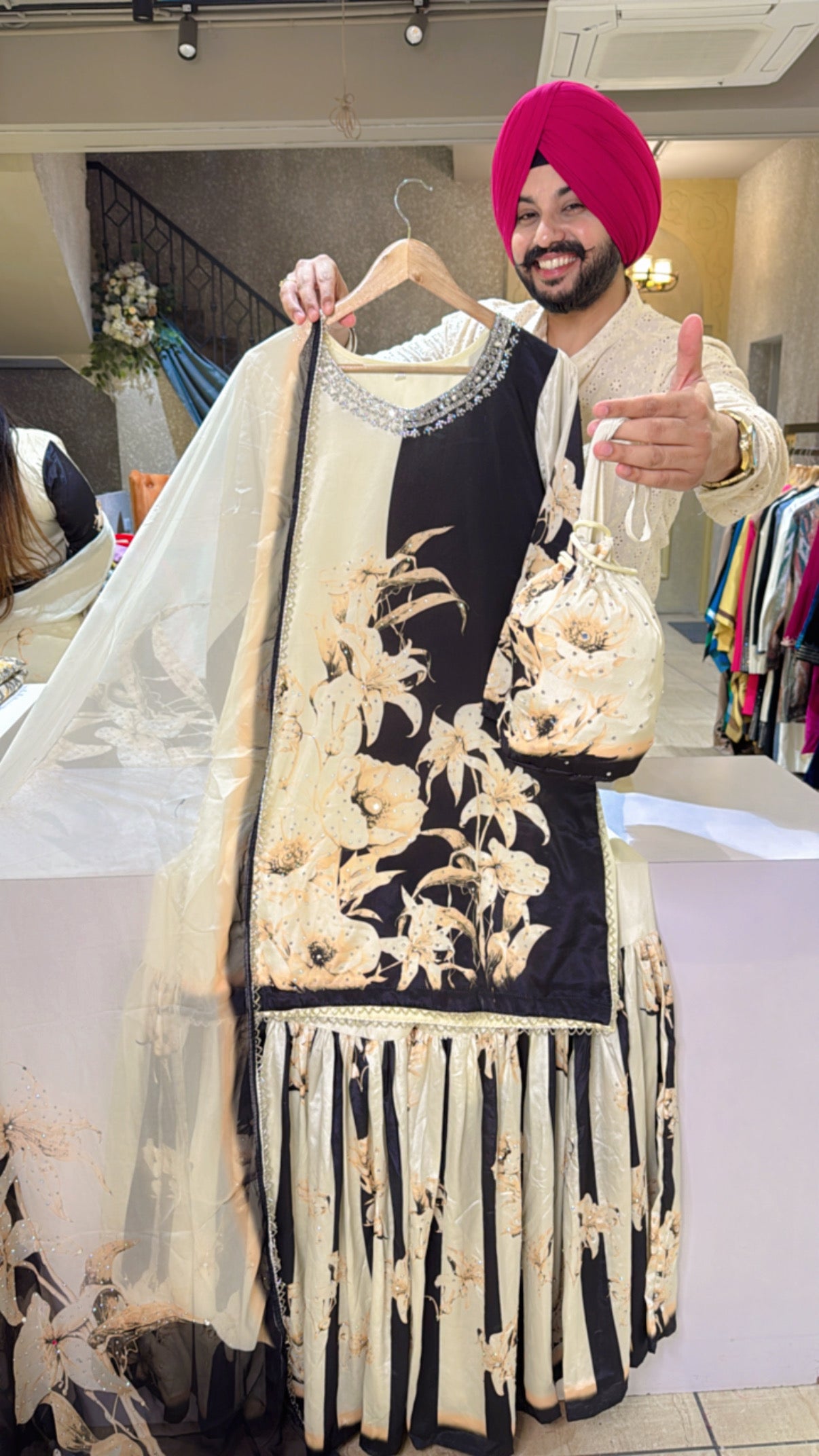 Off white & Black Crepe Swarovski & Hand work Full Flair Garara suit with Beautiful Duppata