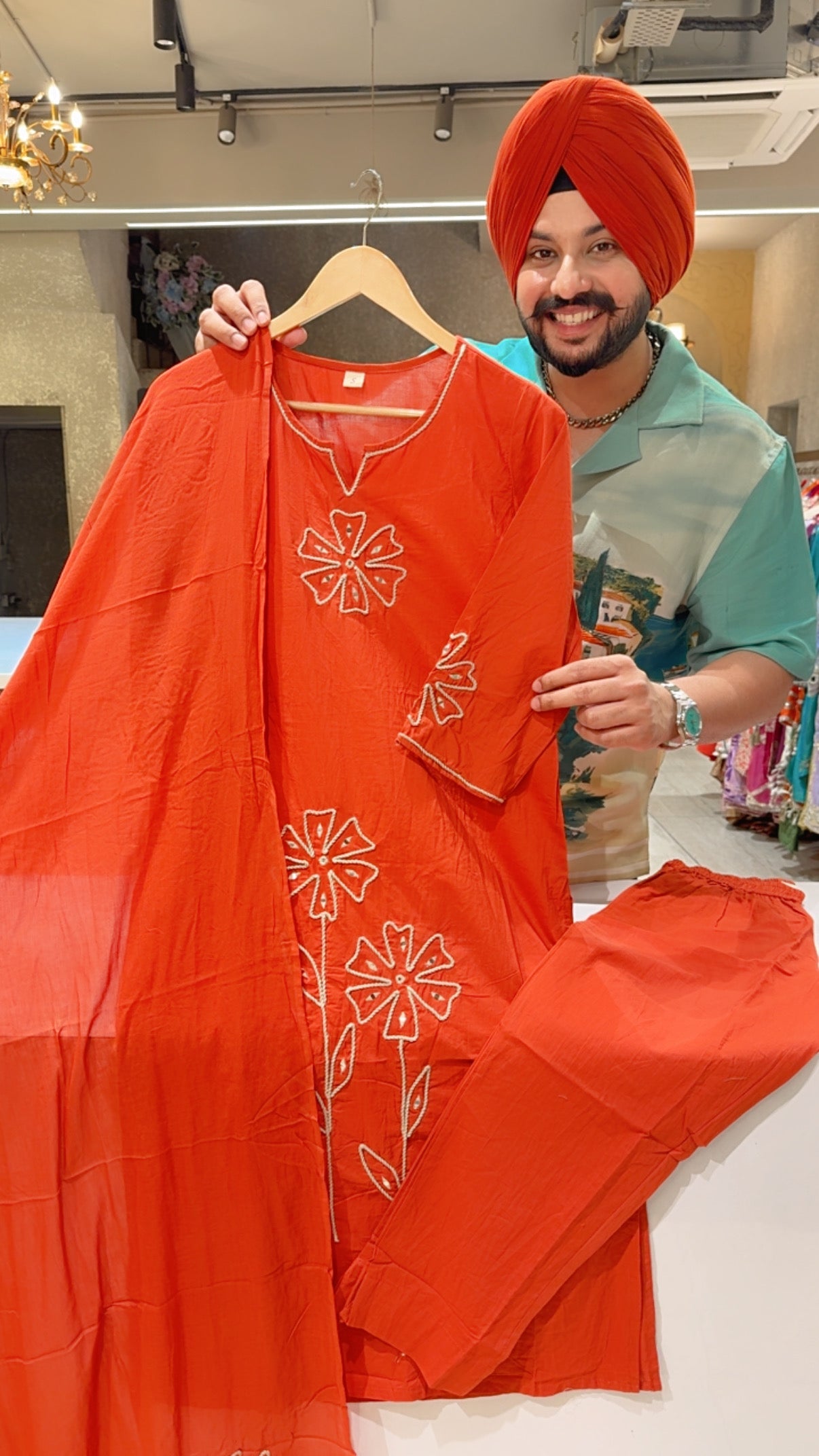 Rusty Orange Pure Cotton Floral Embroidered Semi Formal Suit with Beautiful Duppata