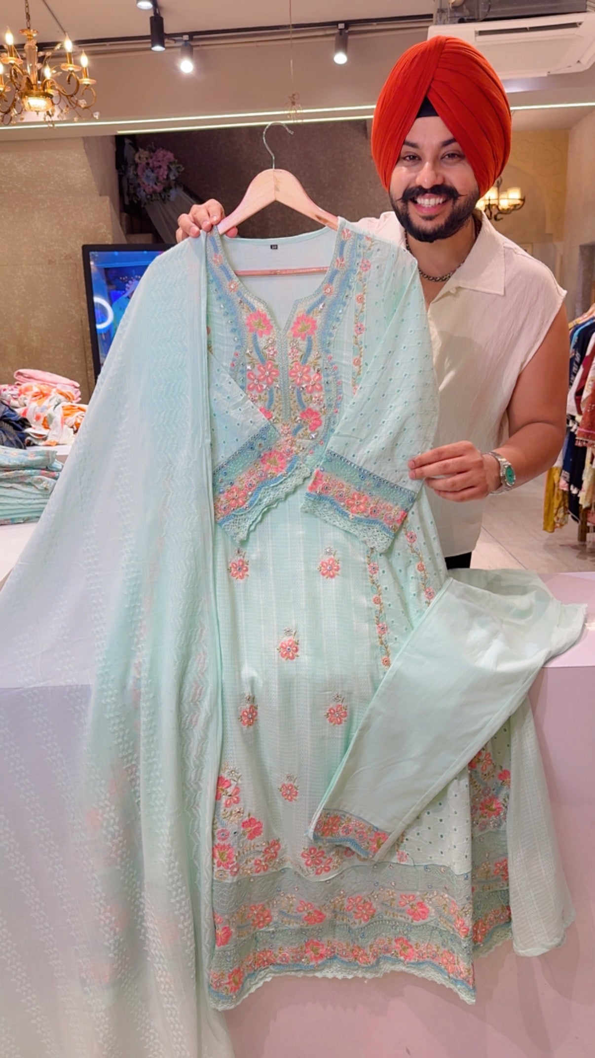 Sea Blue Pure Cotton Shifli & Fully Embroidered Party Wear Summerish Anarkali