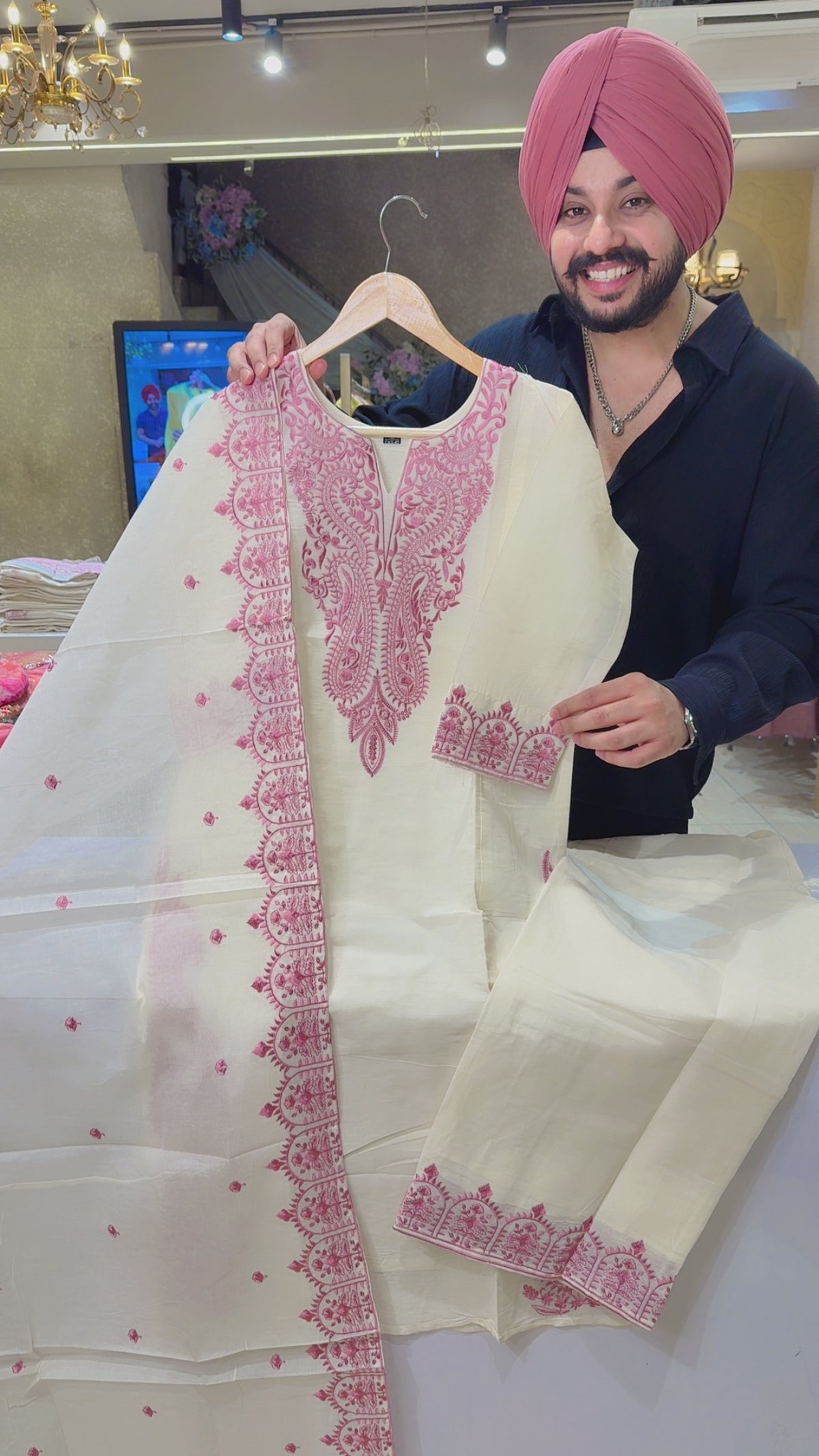 Kora Cotton Off white & Onion Pink Semi Formal Office Wear Suit