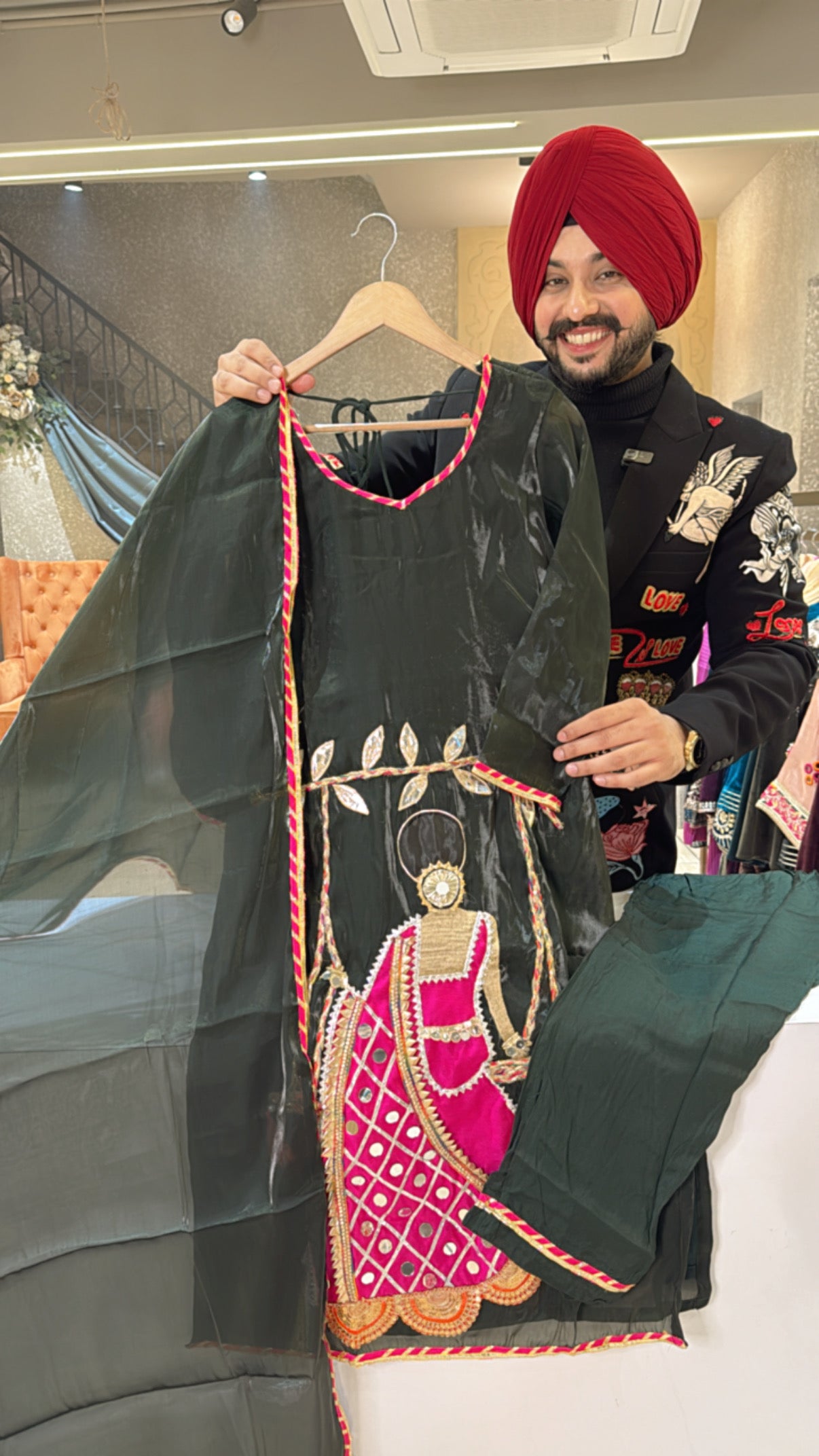 Green Shimmer Silk tissue Doll Hand embroidered straight Suit with Beautiful Duppata