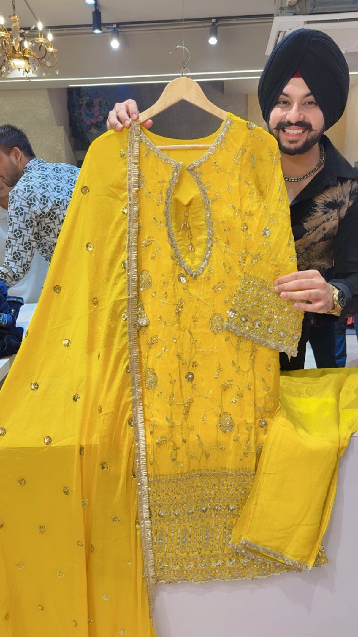 Vibrant Yellow Shimmer Silk Designer Neck Heavy Embroidered Straight Suit with Beautiful Chion Duppata