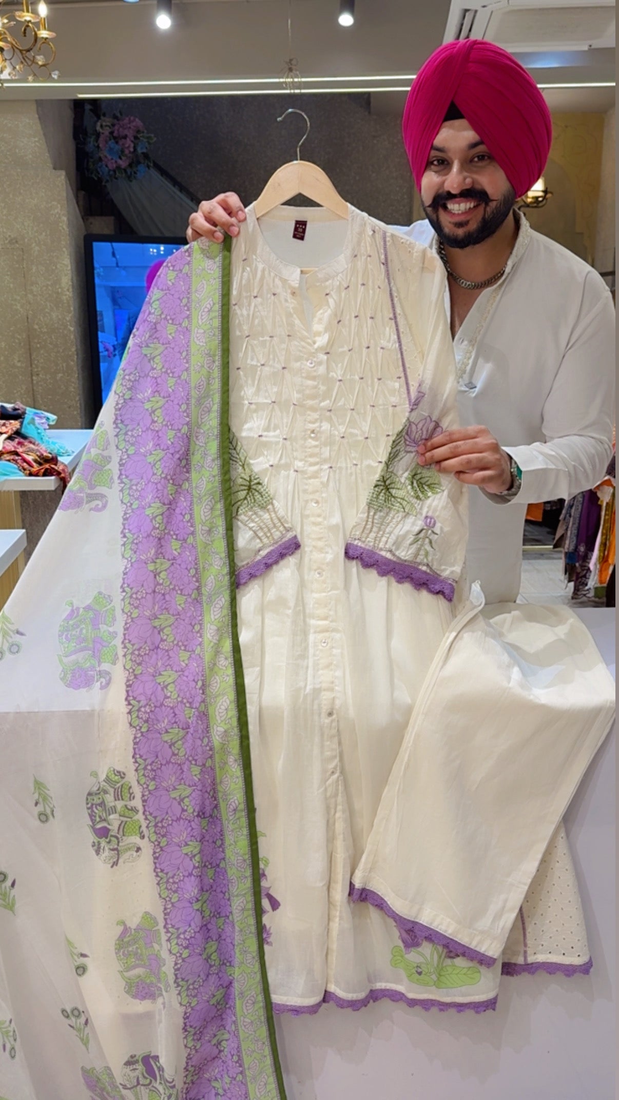 Off white Mal Cotton Embroidered & Shifli Work A-Line Indowestern suit with Beautiful Duppata