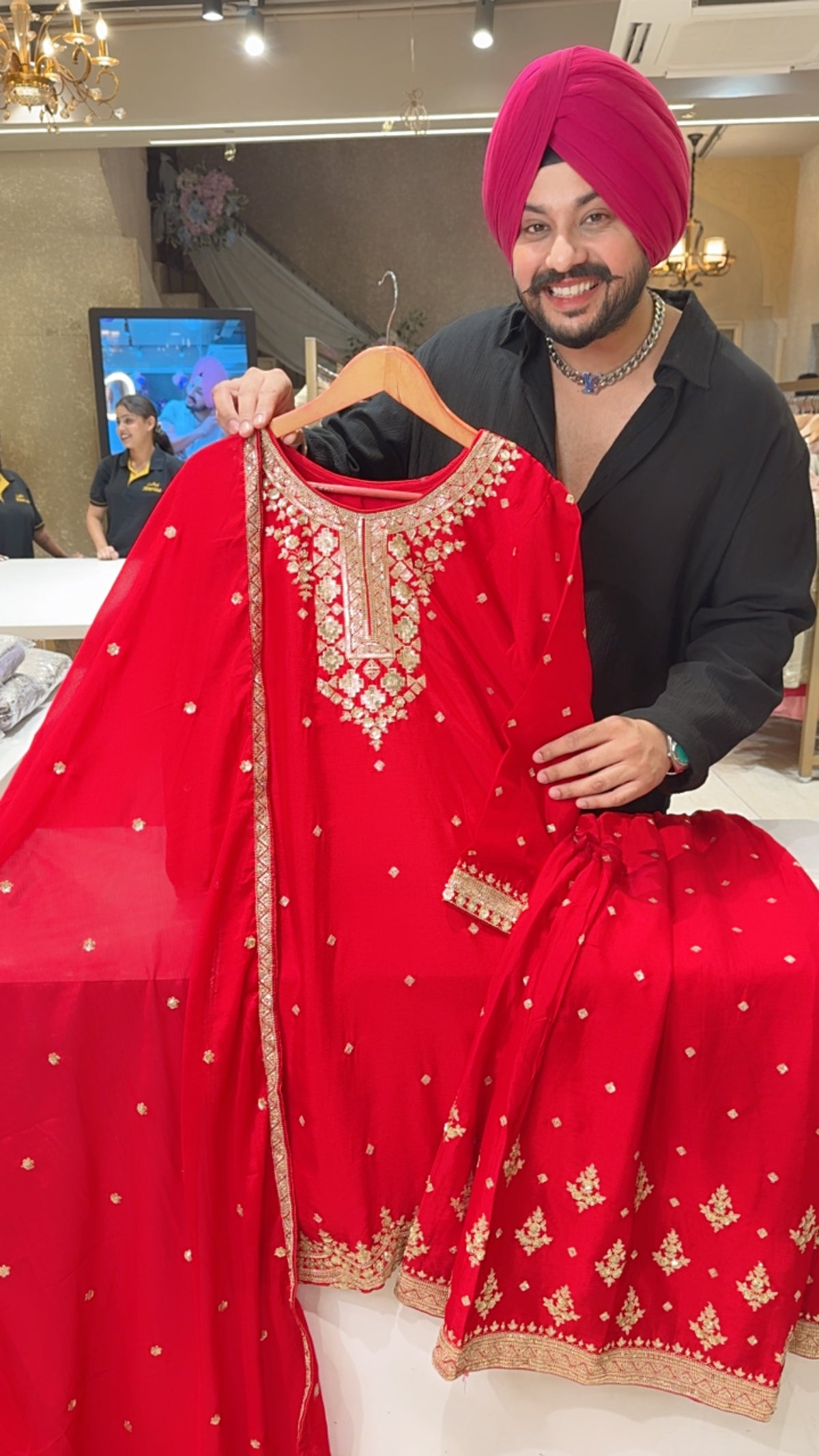 Red Chinon Heavy Sequins Work Sequins Work Full Flair Plazo Suit