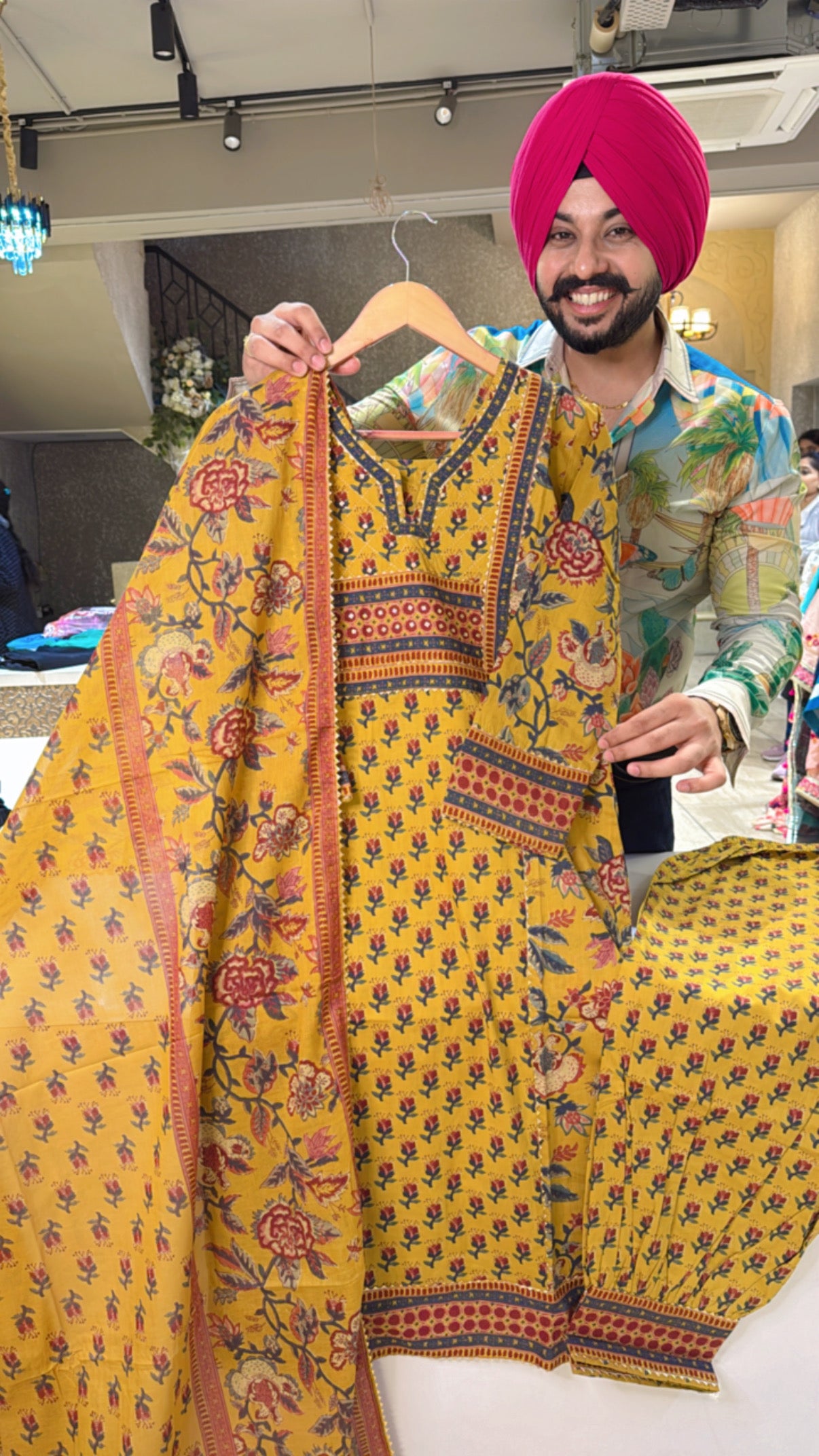 Yellow pure Cotton Pathani Suit with Beautiful Neck & Duppata