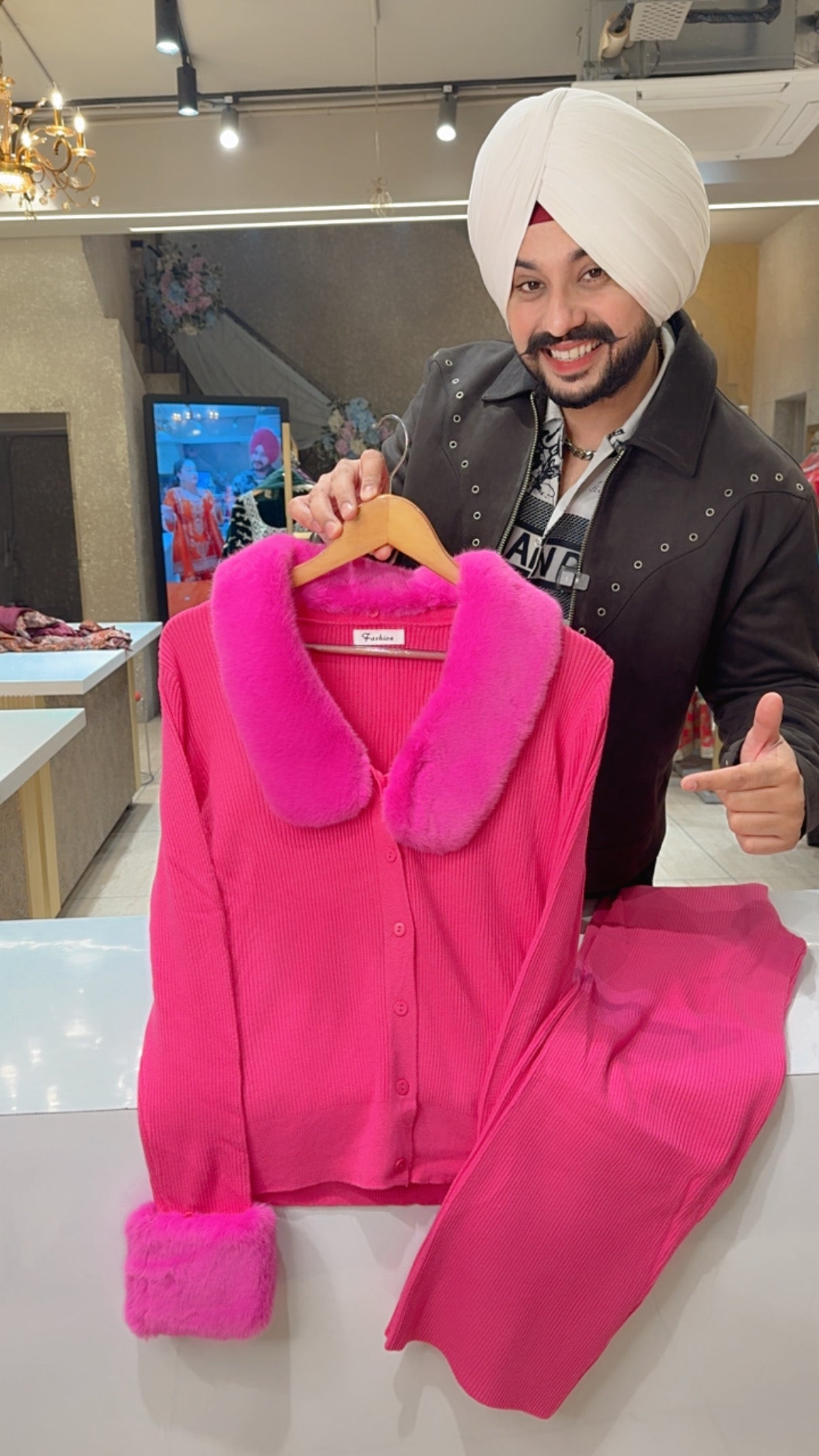 Hot pink Imported Woolen Western Coord set with Stylish Furr on Neck & sleeves