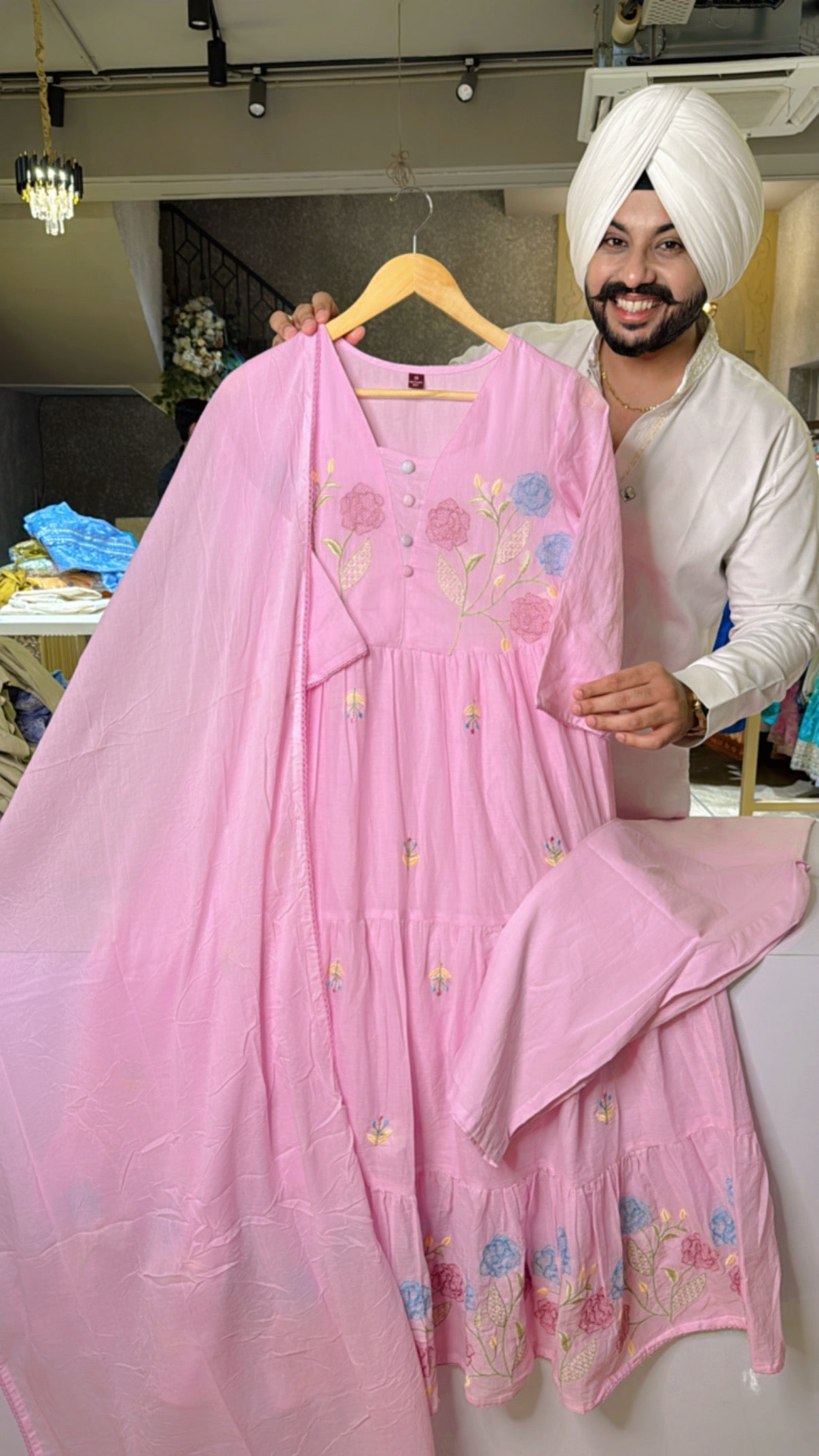 Light Pink Mal Cotton Embroidered Indowestern Anarkali Suit