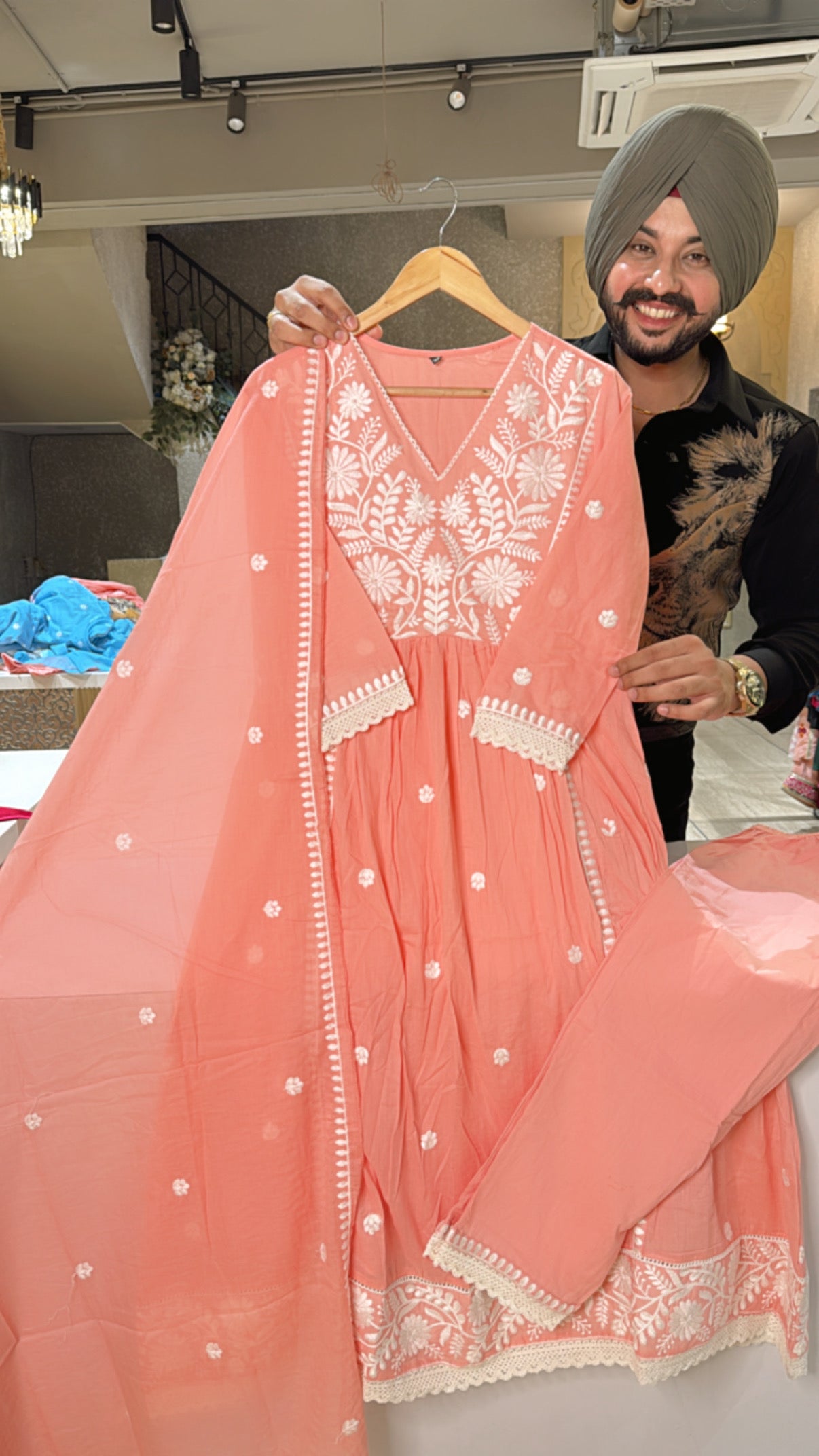 Peach Heavy Embroidered Mal Cotton front Gathering A-Line Suit with Mal Cotton Duppata