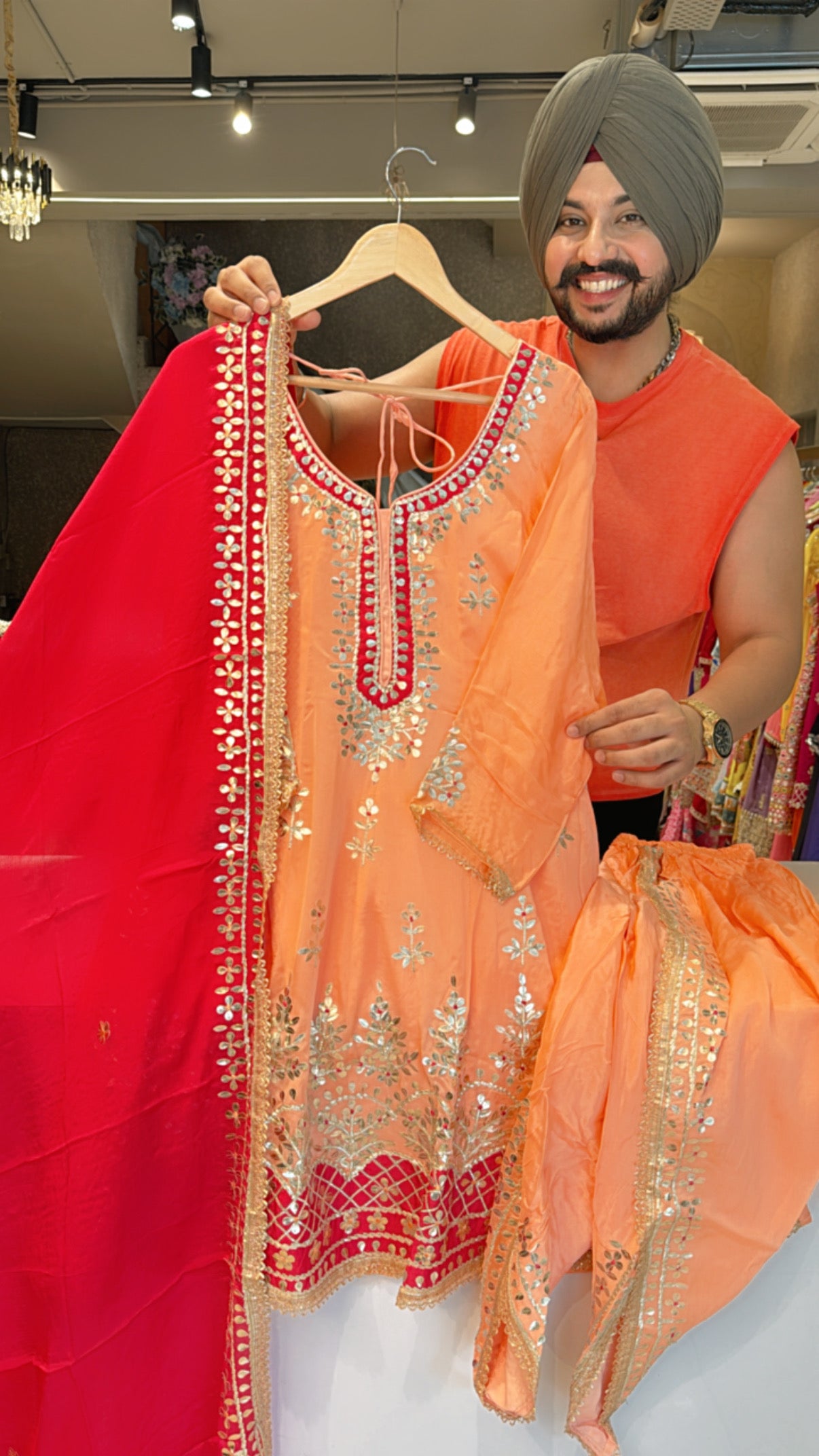 Peach Chinon Heavy Gotta Hand embroidered Paplum Dhoti Suit with Beautiful Vibrant Gajri Dupppata
