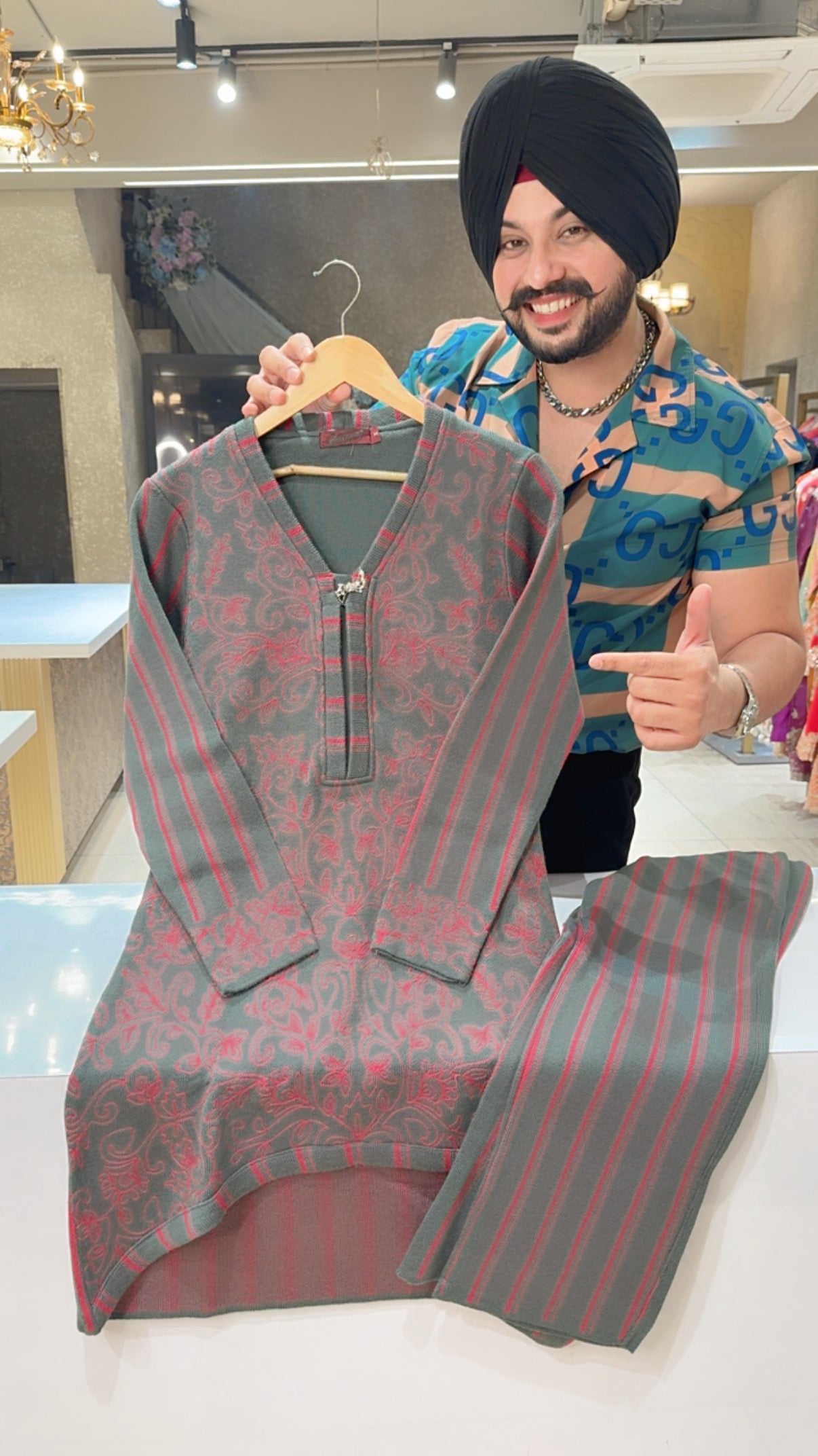 Grey & Pink knitting Woolen Embroidered High Low Coord set