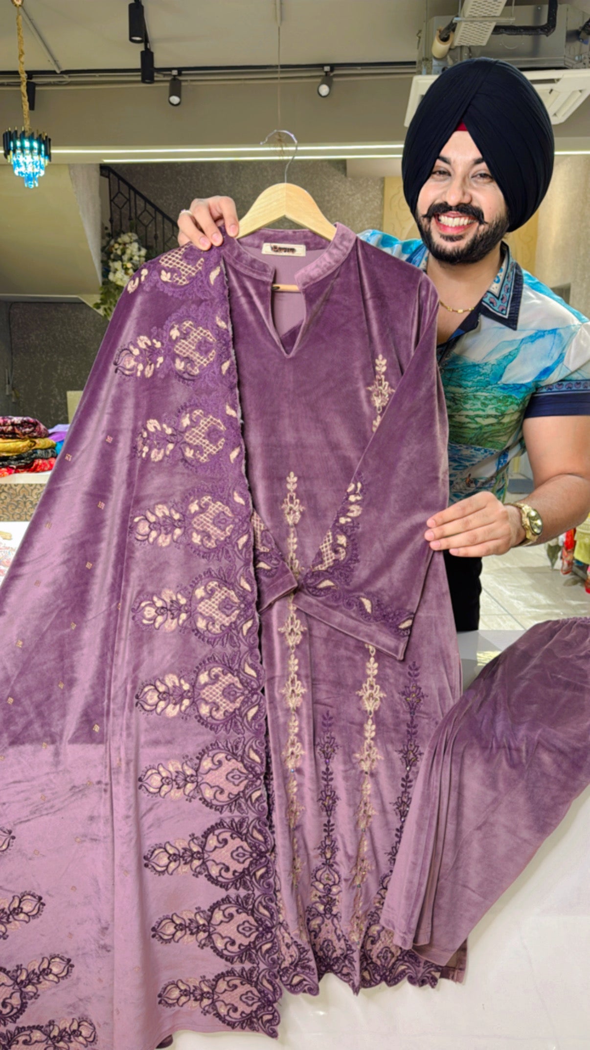 Mauve Heavy Velvet Fully Stretchable Straight Suit with heavy Embroidered Duppata