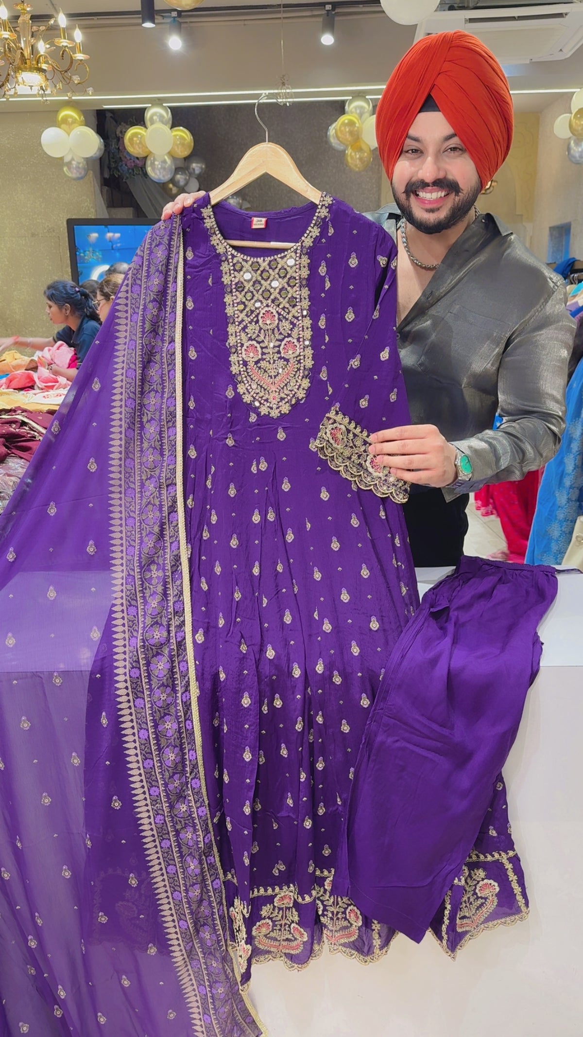 Purple Chinon Block Printed Party Wear Anarkali Suit with Beautiful Embroidery & Mirror Work on Neck