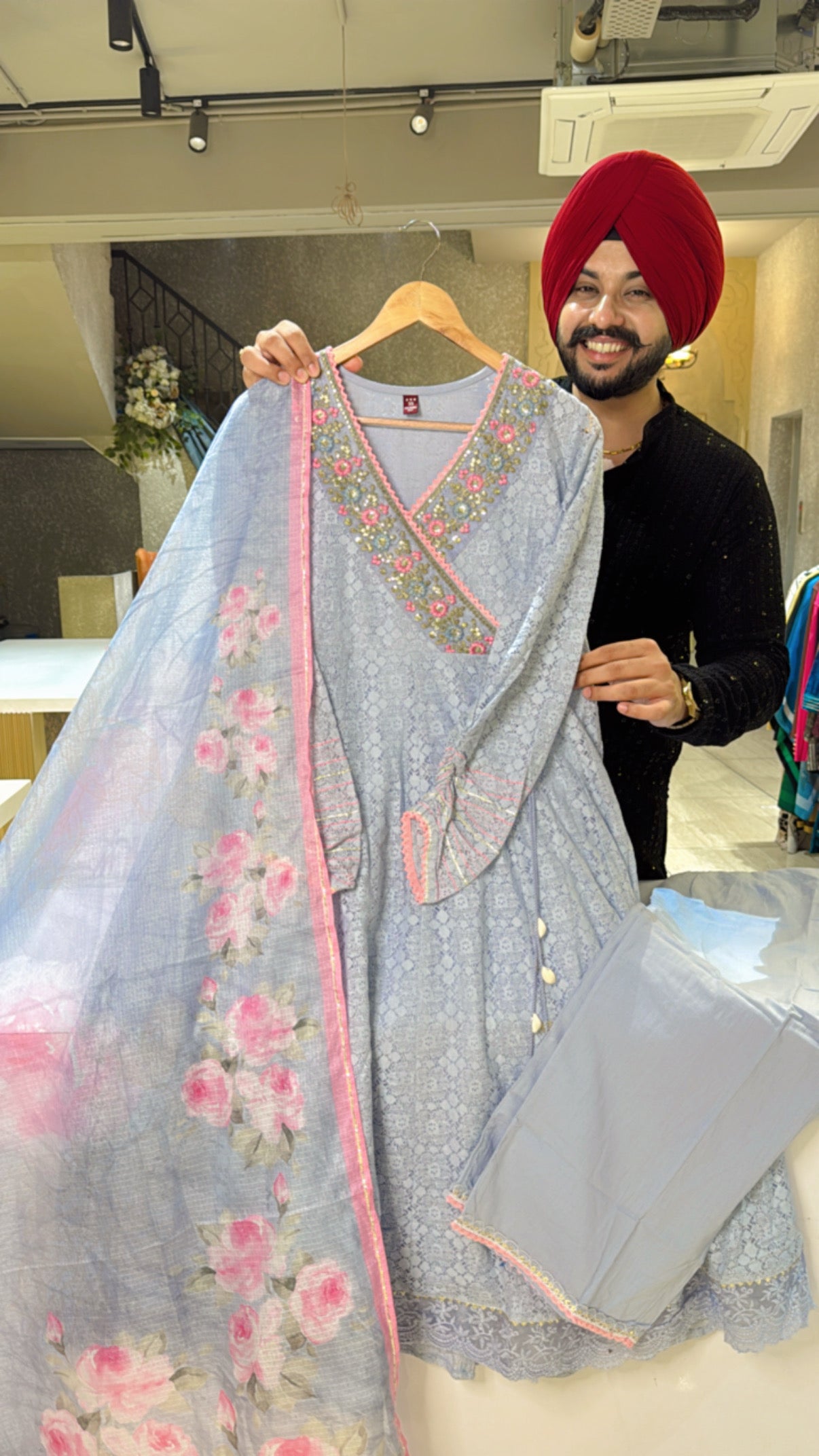 Blueish Grey Crochet lace Anarkali Suit with Beautiful Embroidery work on the neck
