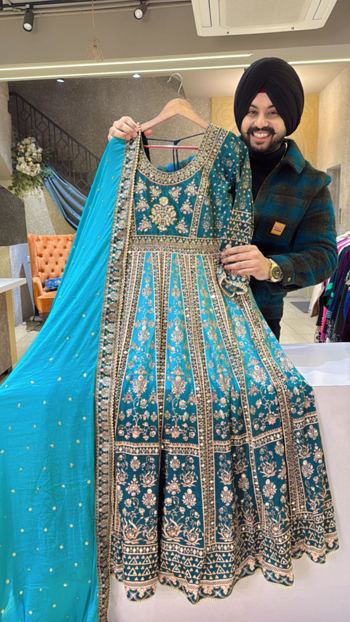 Teal Premium Crepe Heavy embroidered Tie & Dye Anarkali Gown with Sequins Work Chinon Duppata