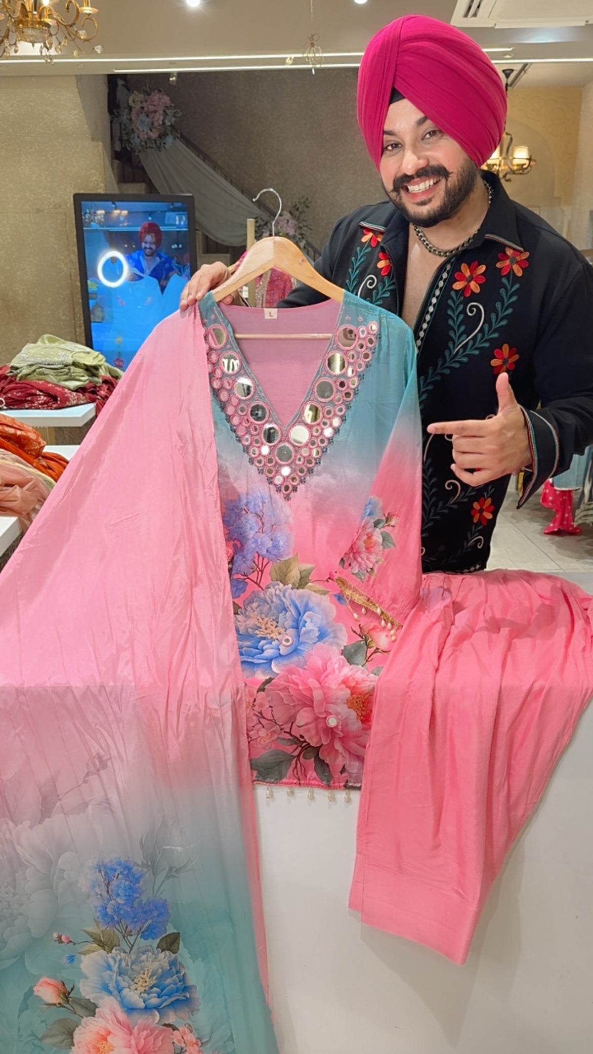 Pink & Multicolored Crepe Floral Print Mirror & Hand work Farshi Salwar Suit