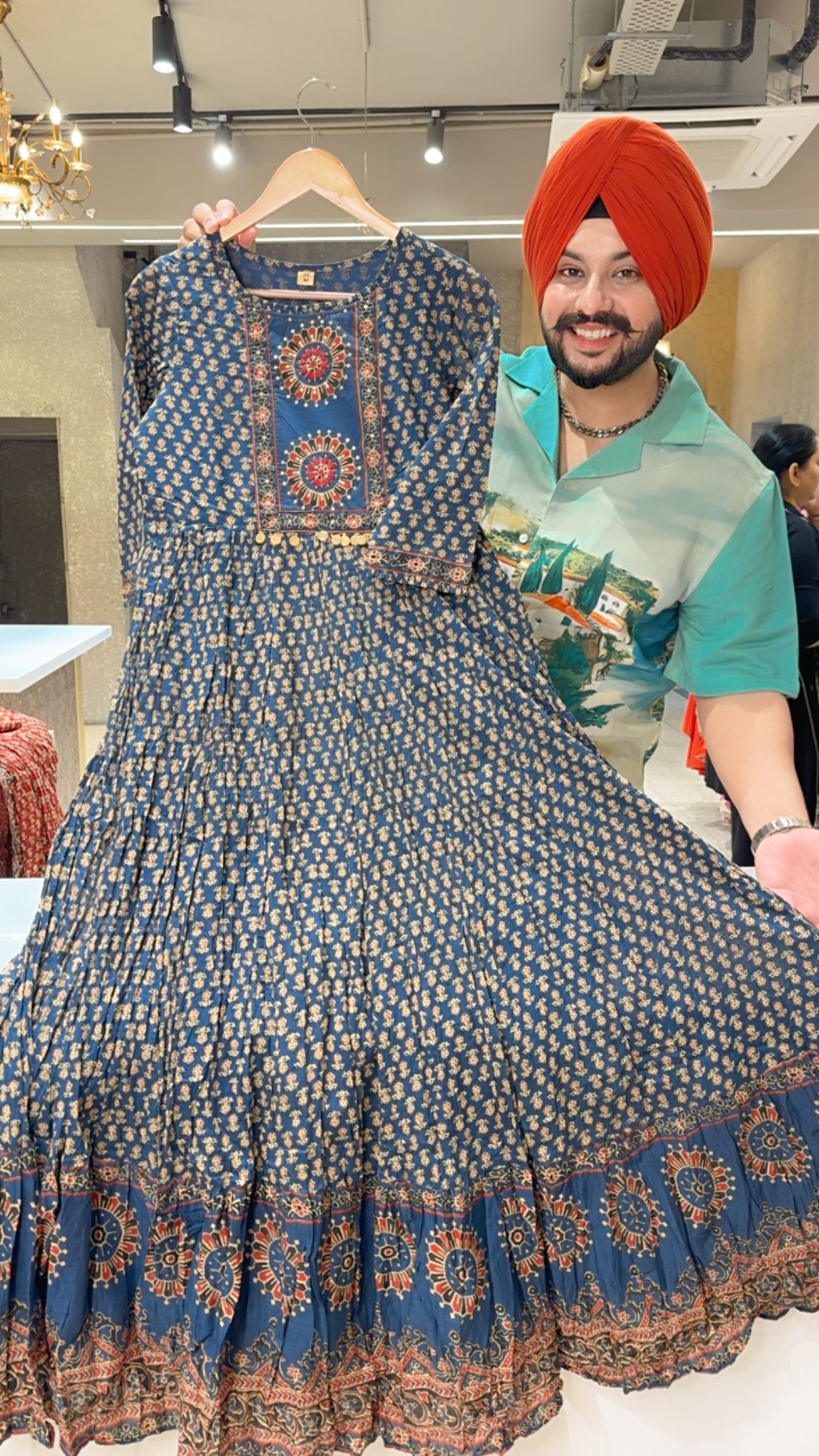 Blue Pure Cotton Jaipuri Print Full Flair Indowestern Anarkali Dress with Sleek Embroidery Work on neck