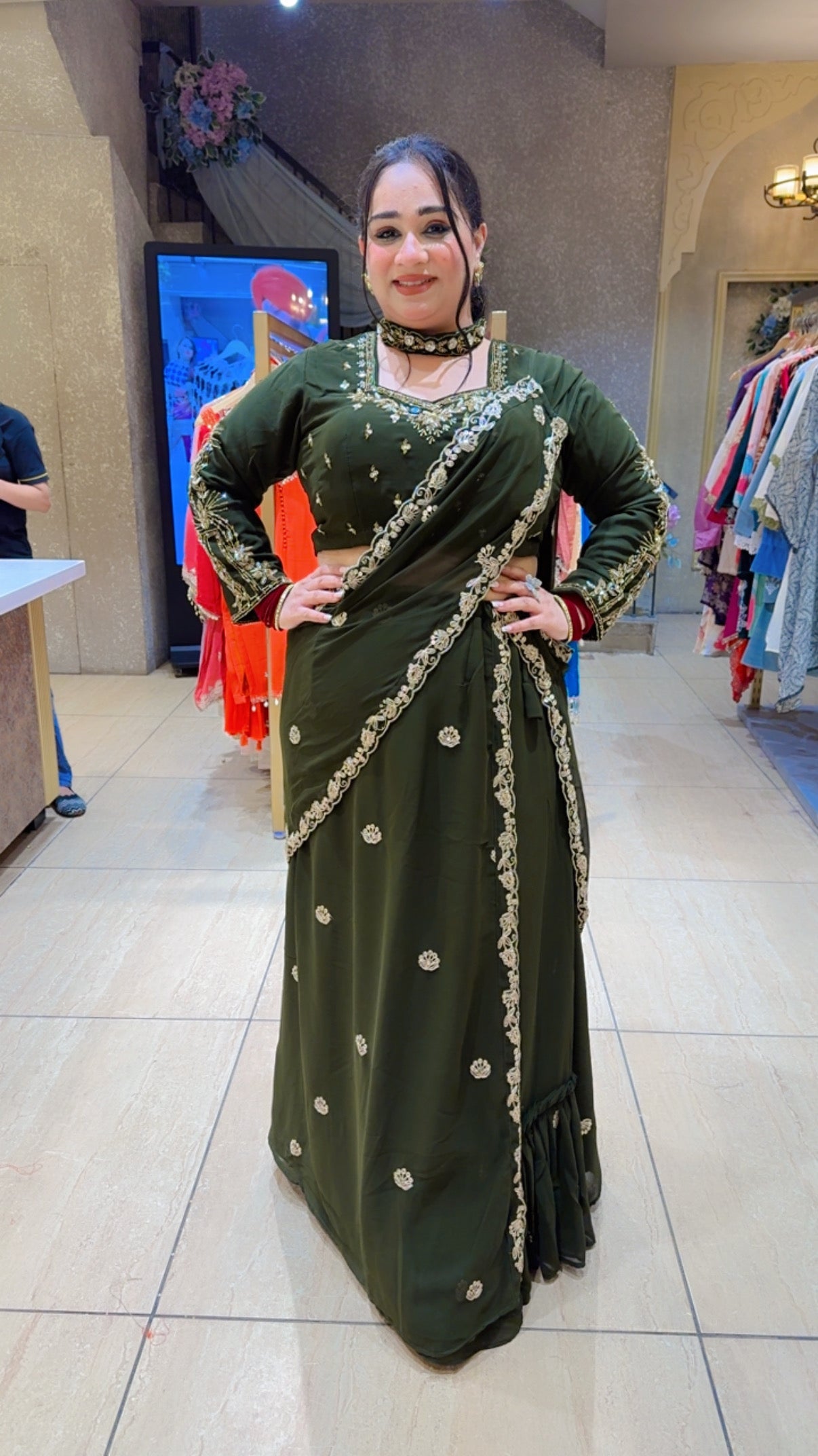 Mehendi Green Georgette Hand embroidered Drape Crop set