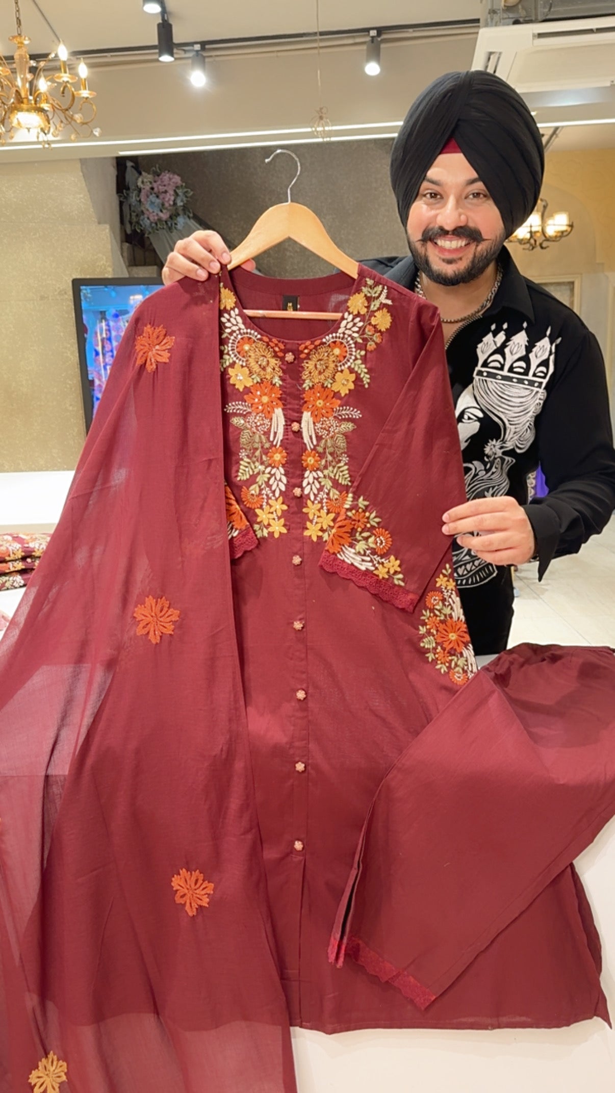 Maroon Pure Cotton A-line Side Slit Semiformal Suit with Beautiful Embroidery work on it