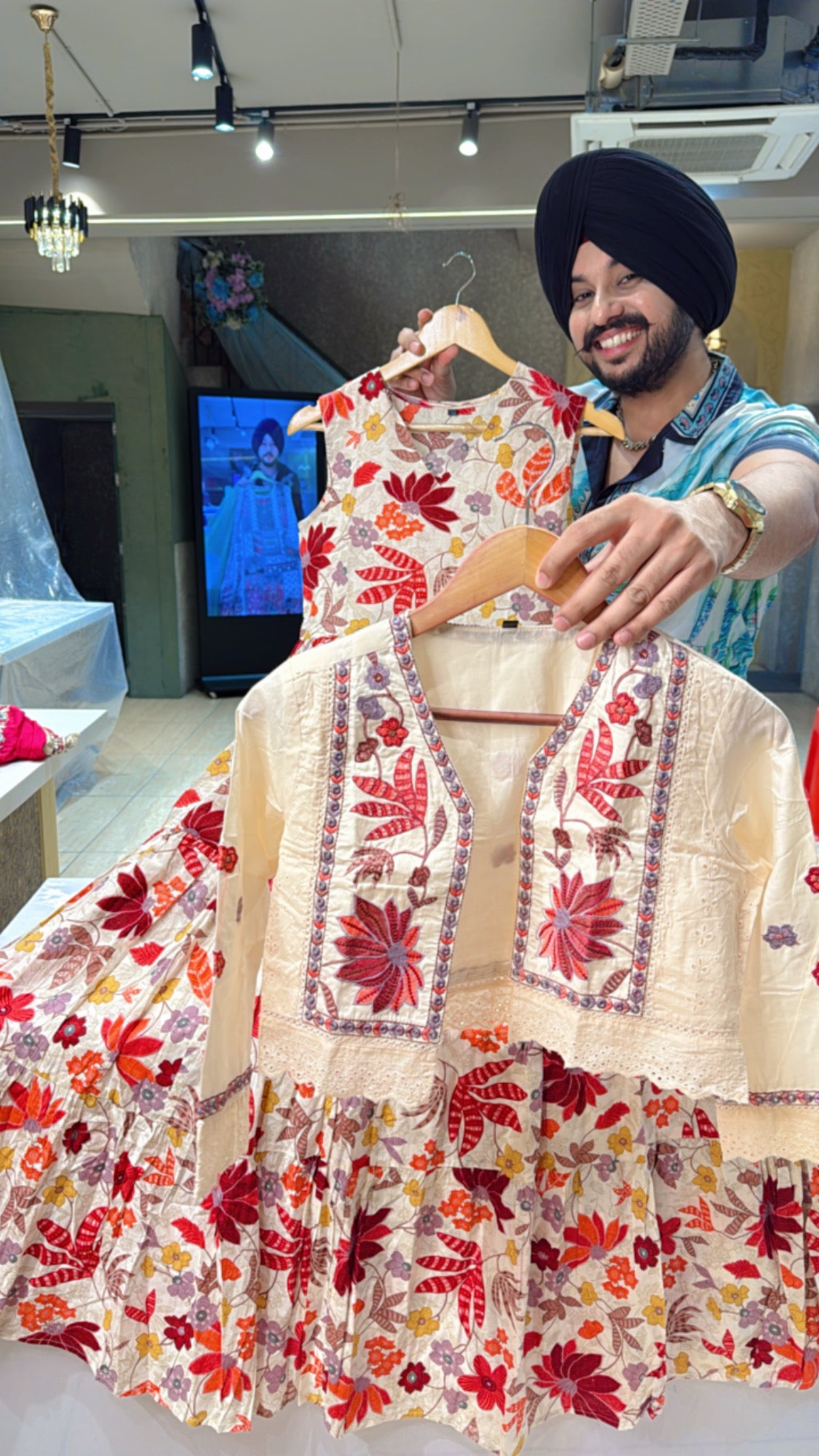 Moon White & Multicolored Pure Cotton Indo Western Dress with embroidered Short Jacket