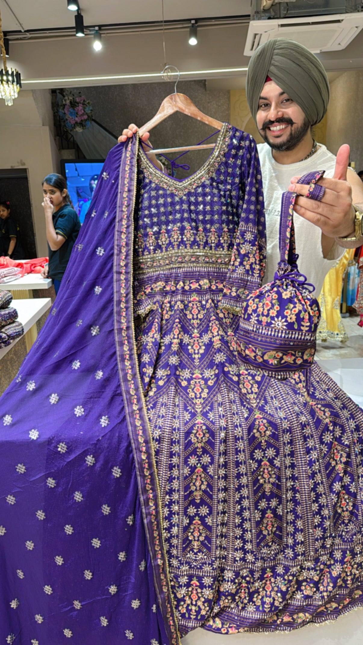 Purple Crepe Heavy Hand embroidered & Mirror Work Anarkali Gown with Beautiful Sequins work Duppata & Potli