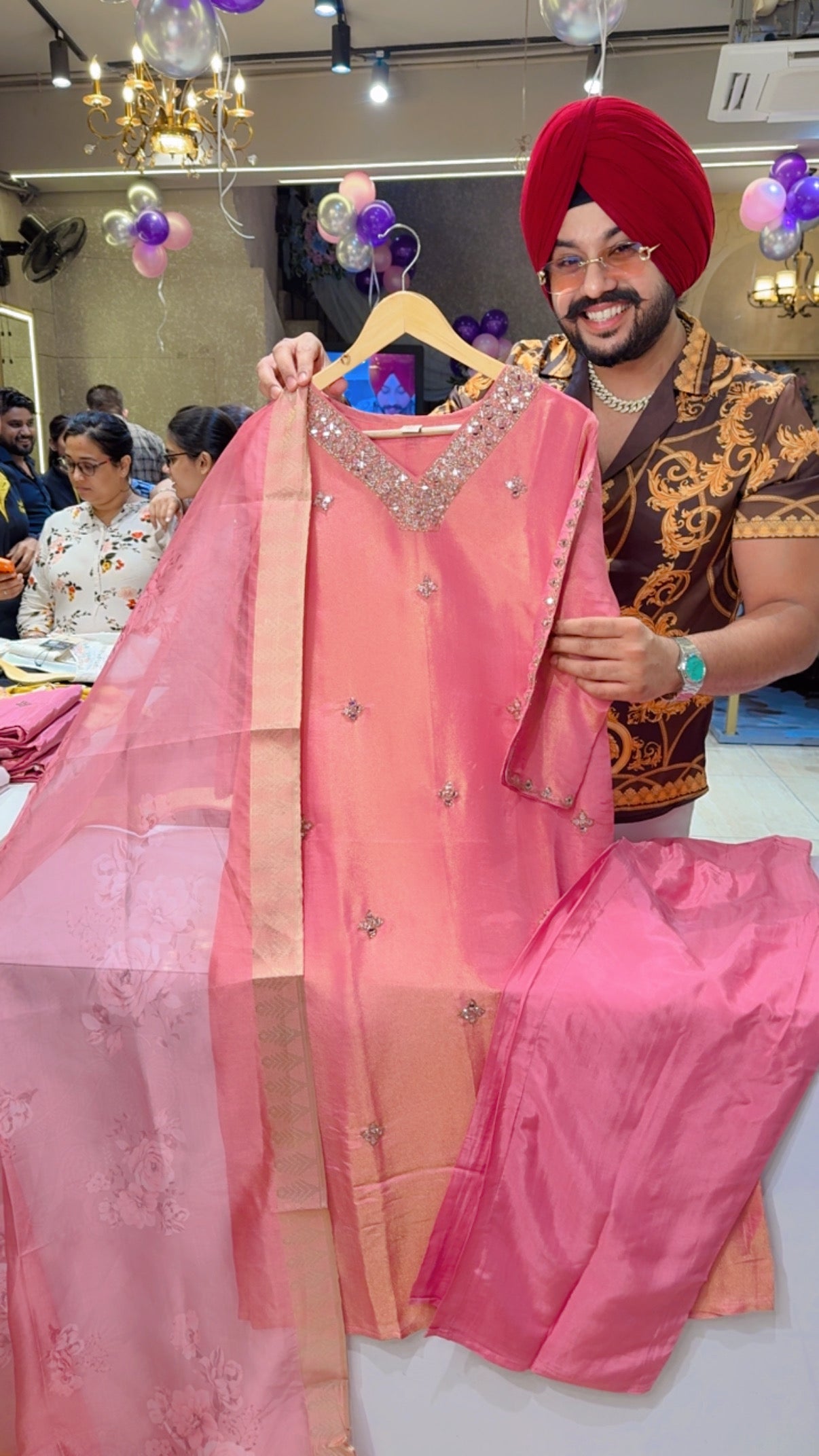 Pink Shimmer Silk Party Wear suit with Beautiful Hand Embroidery Work on It