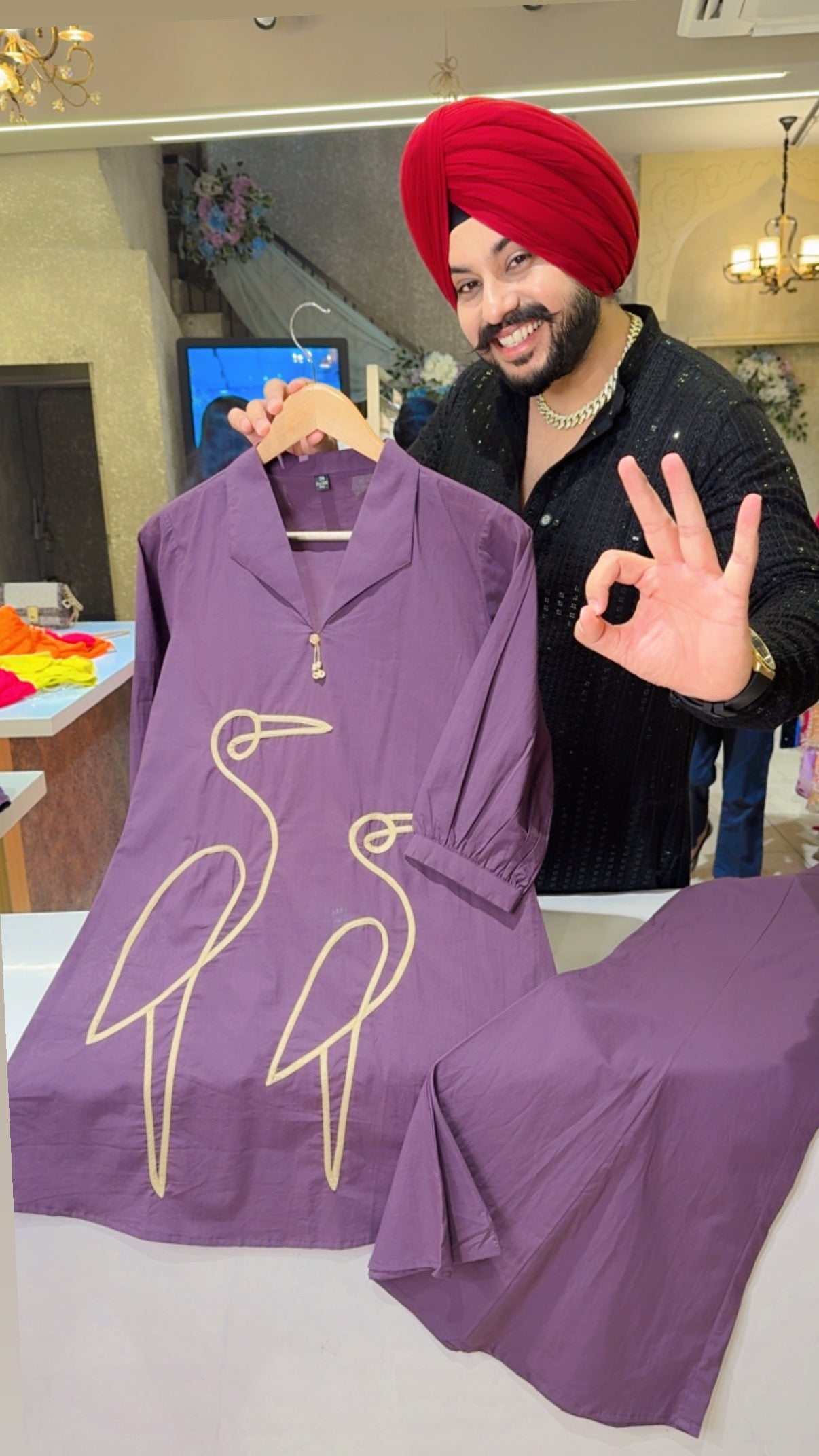 English Purple Soft Cotton Flamingo Patchwork Bell Bottom Coord set