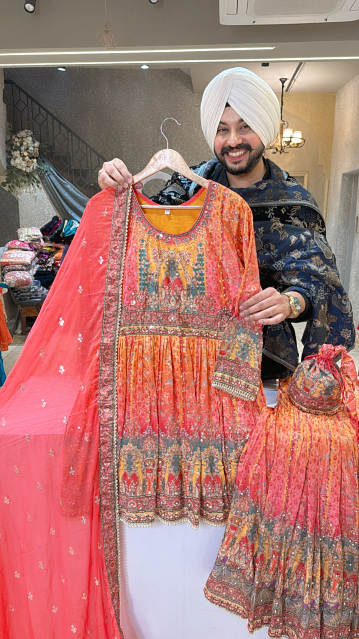 Orange & Gajri Premium Crepe Paplum Garara Suit with Cute Potli