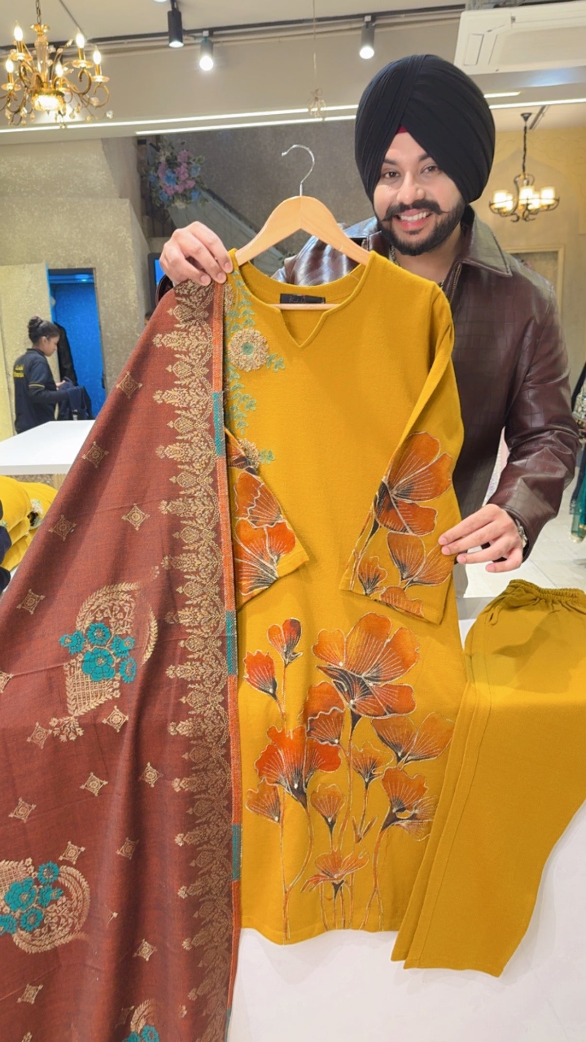 Mustard Yellow Woolen Hand painted & Embroidered Straight Suit with Banarasi Look Woolen Stawl