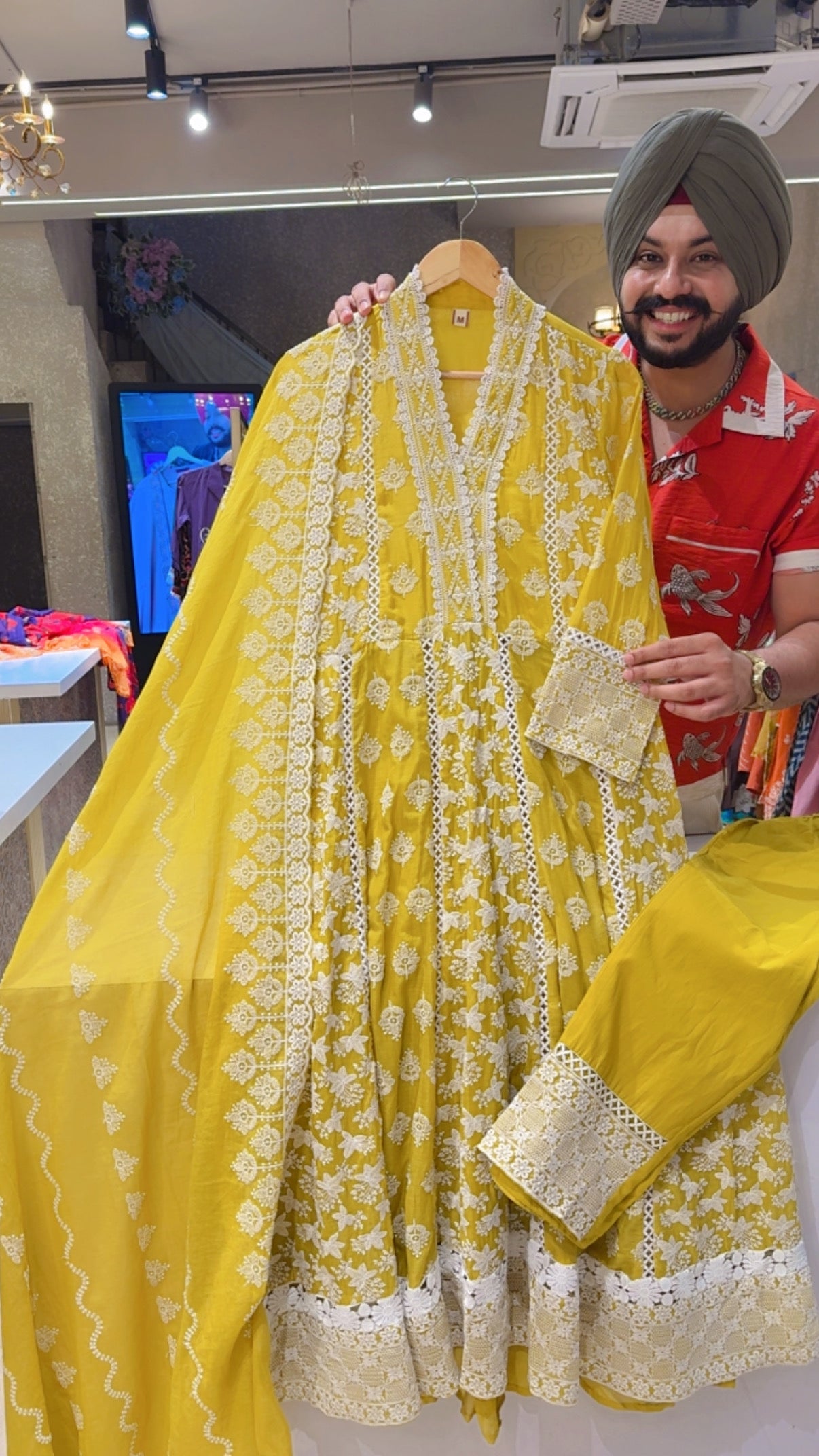 Yellow Mal Cotton Fully Embroidered Anarkali Suut with Embroidered Mal Cotton Duppata