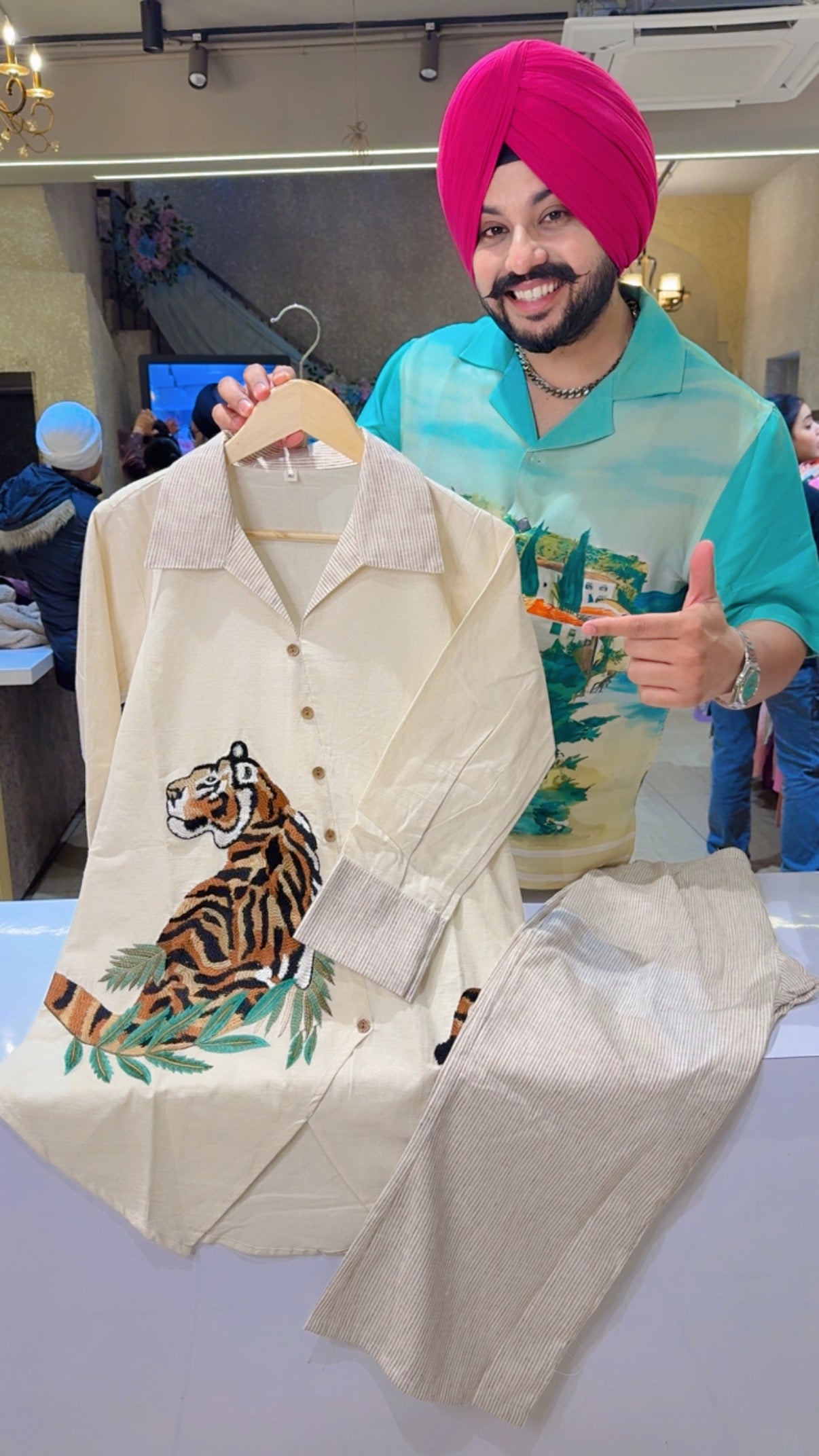 Off White Soft Khaadi Tiger Embroidered Airport Look Semiformal Coord set