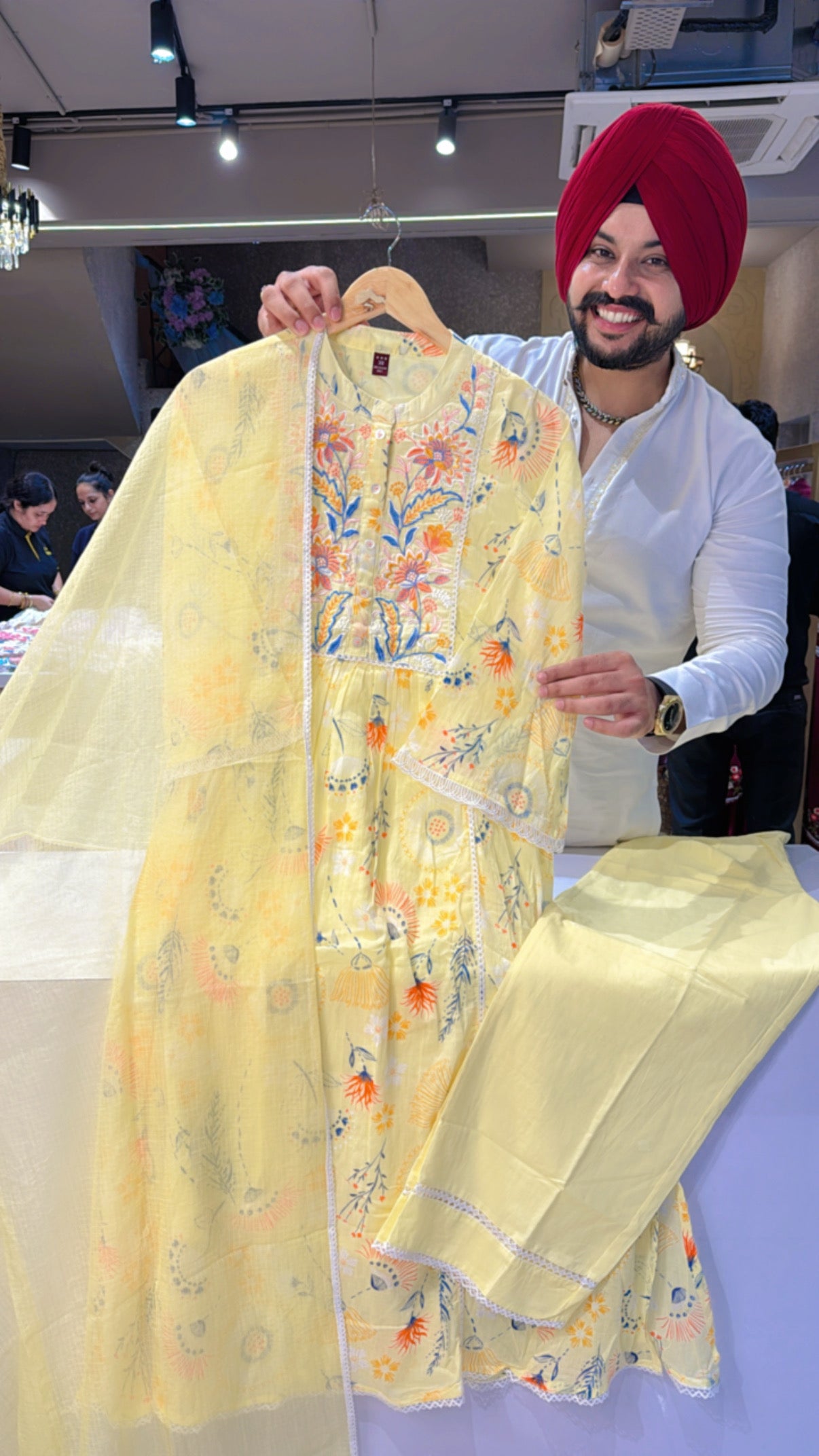 Lemon yellow Soft Mal Cotton A-line Embroidered Suit with Kota Doria Duppata