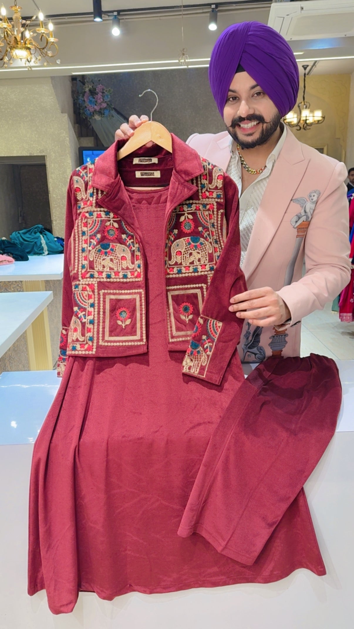 Maroon Velvet A-line Long Length Coord set with Collar Neck Embroidered Short Jacket