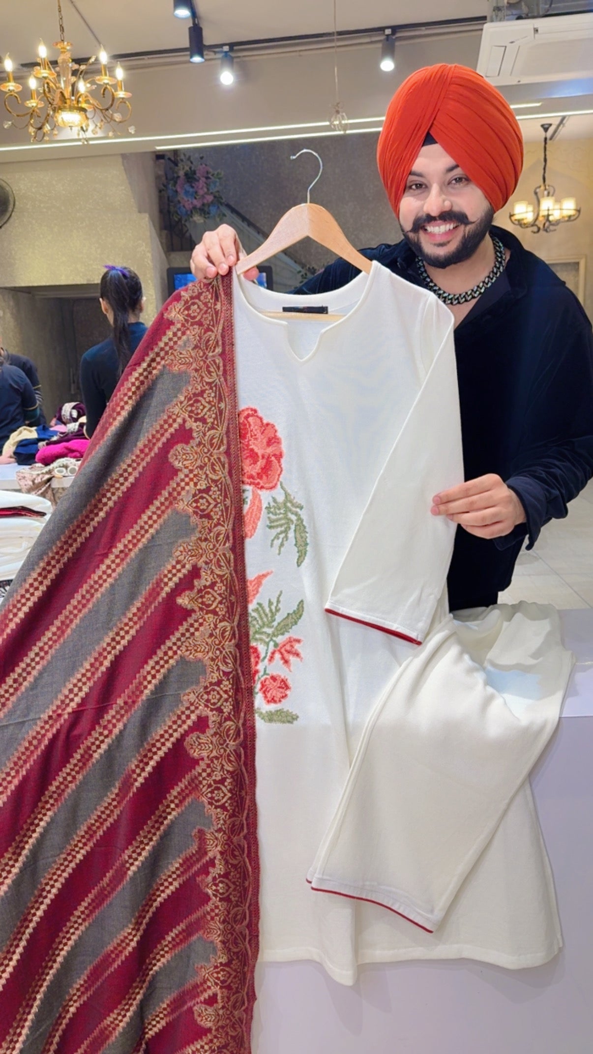 Moon White Woolen Embroidered Party Wear straight suit with With Banarasi look Woolen Stawl